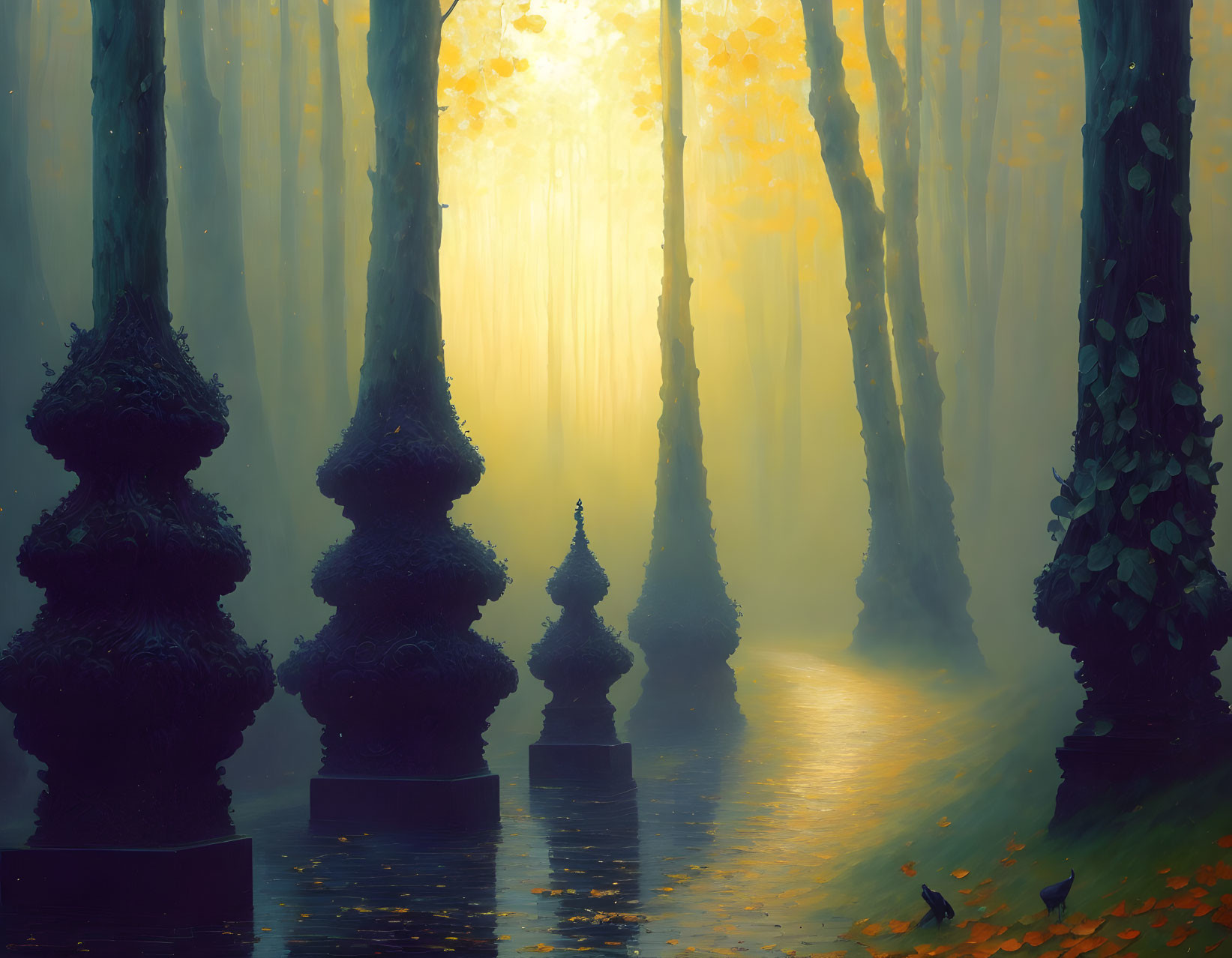 Enchanted forest with sunbeams, fog, path, topiaries, and bird