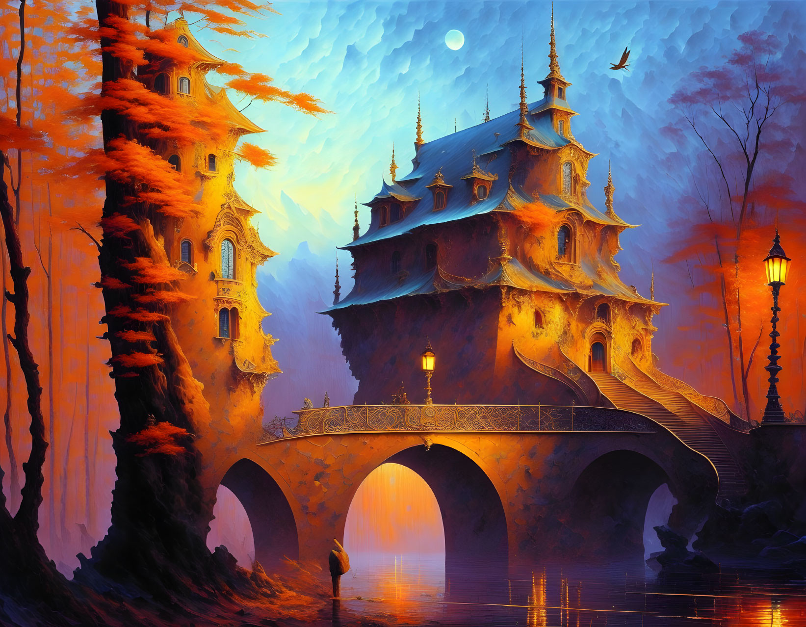 Glowing castle in fiery forest with moonlit sky and birds