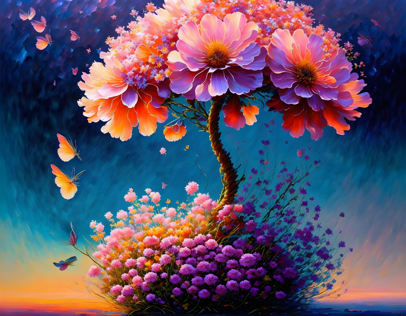 Colorful oversized flower tree with pink-orange blossoms and flying butterflies in twilight sky