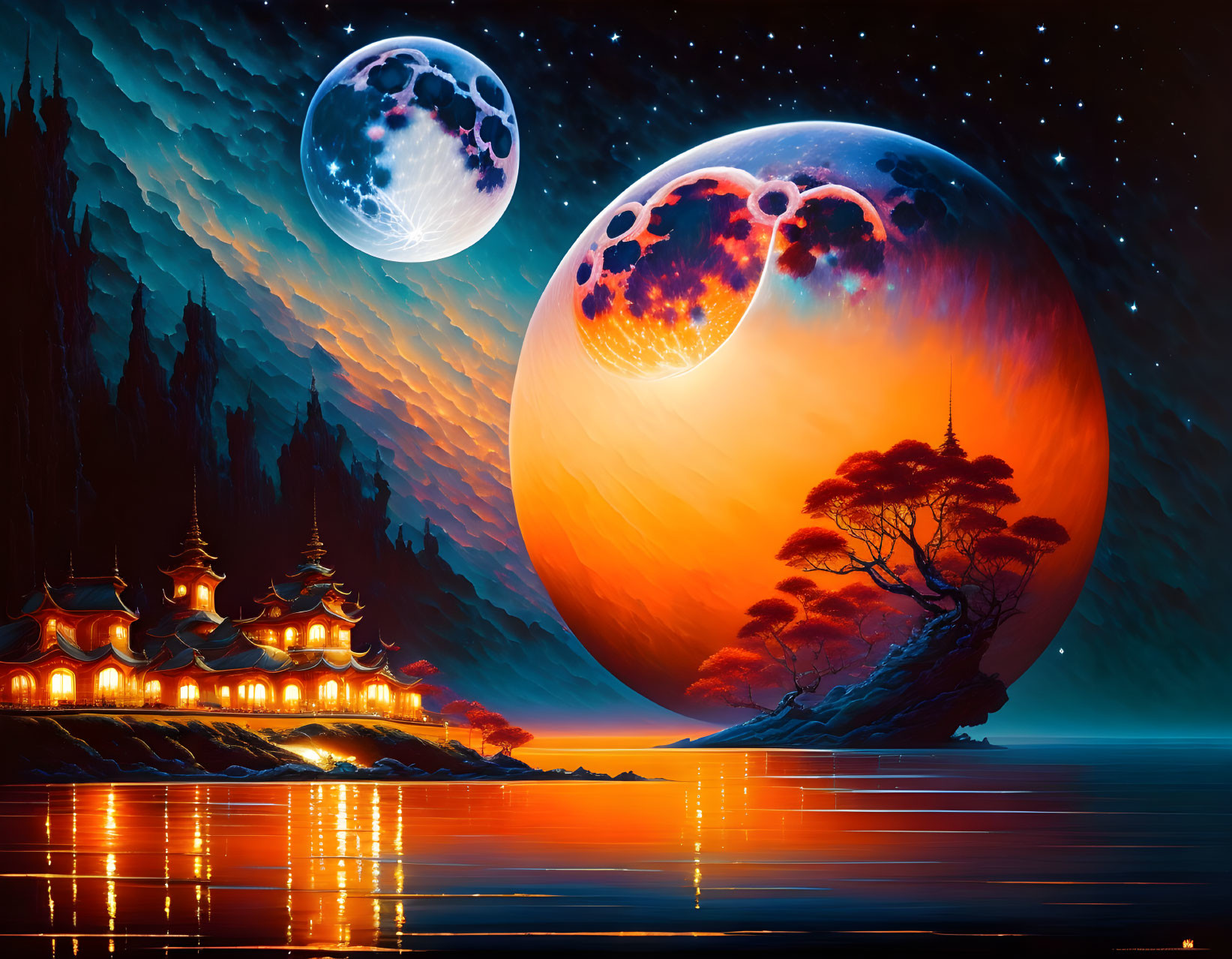 Artwork of Oriental temple by reflective water with two large moons and starry sky