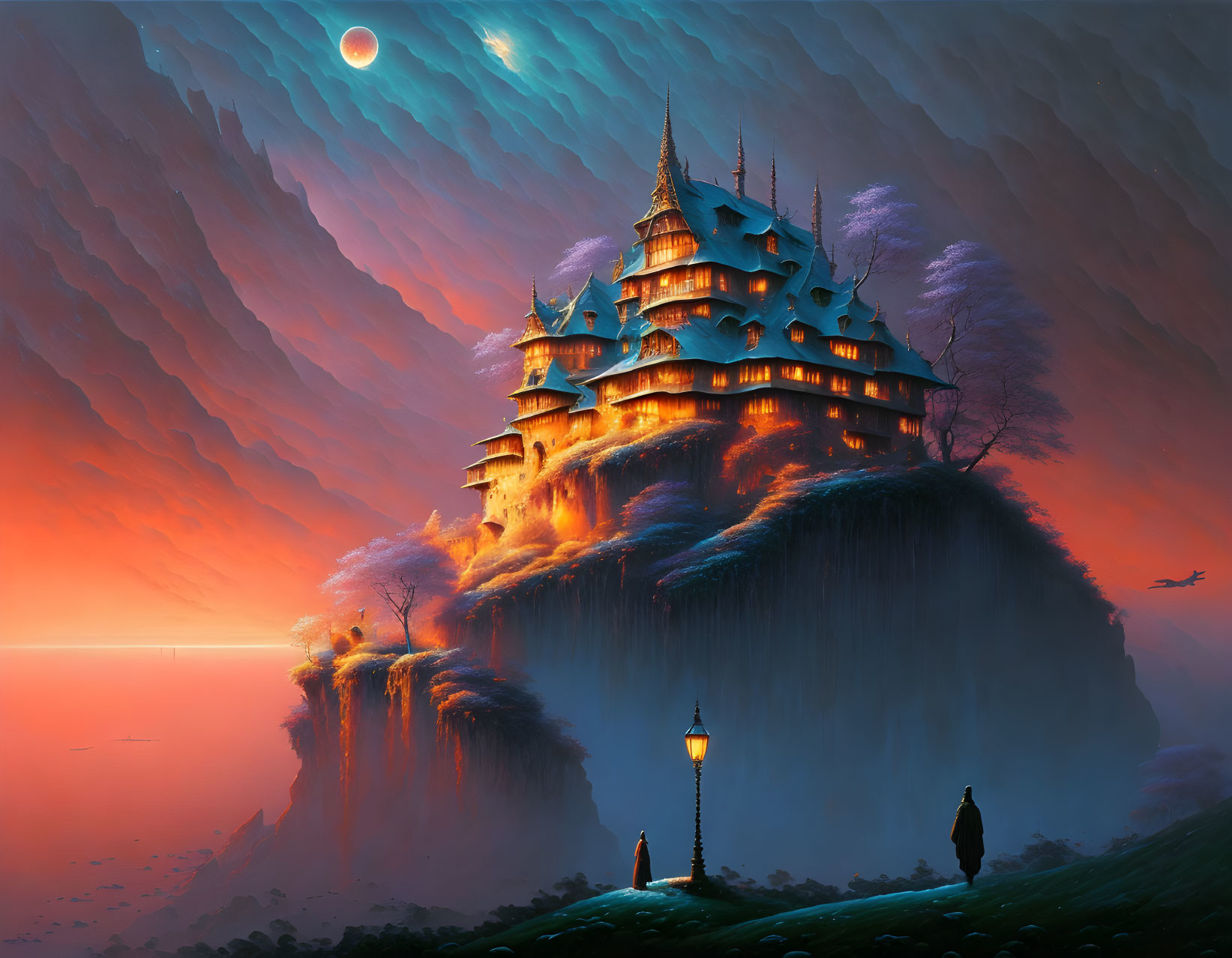 Enchanting castle on cliff with waterfalls at twilight with traveler.