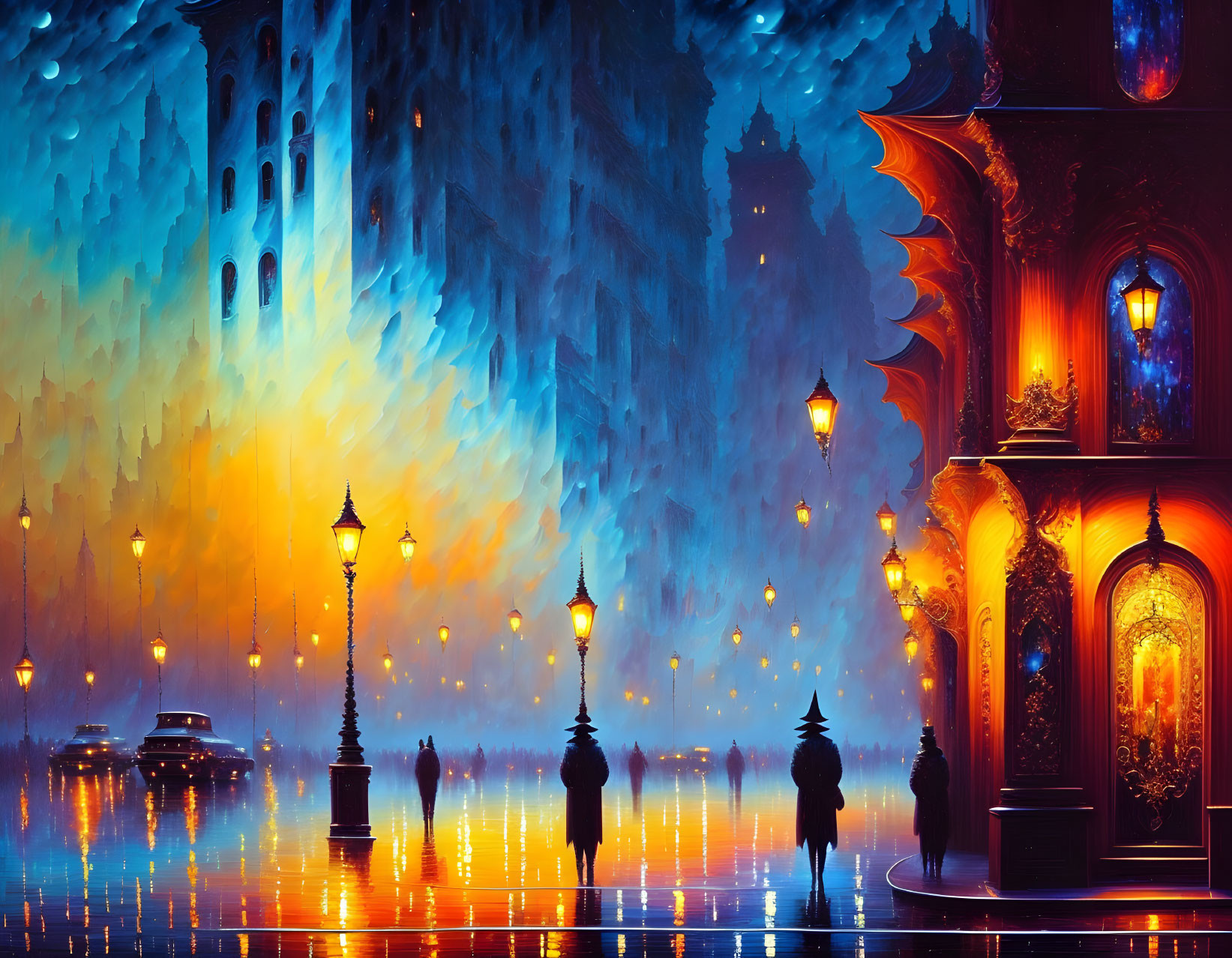 Nighttime cityscape with illuminated street lamps, wet surfaces, shadowy figures, and colorful architecture