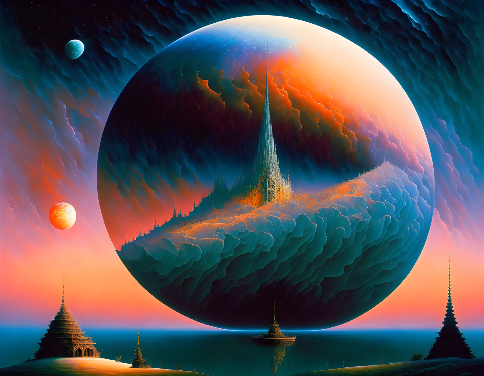 Detailed Sci-Fi Planet Landscape with Moon and Ornate Towers