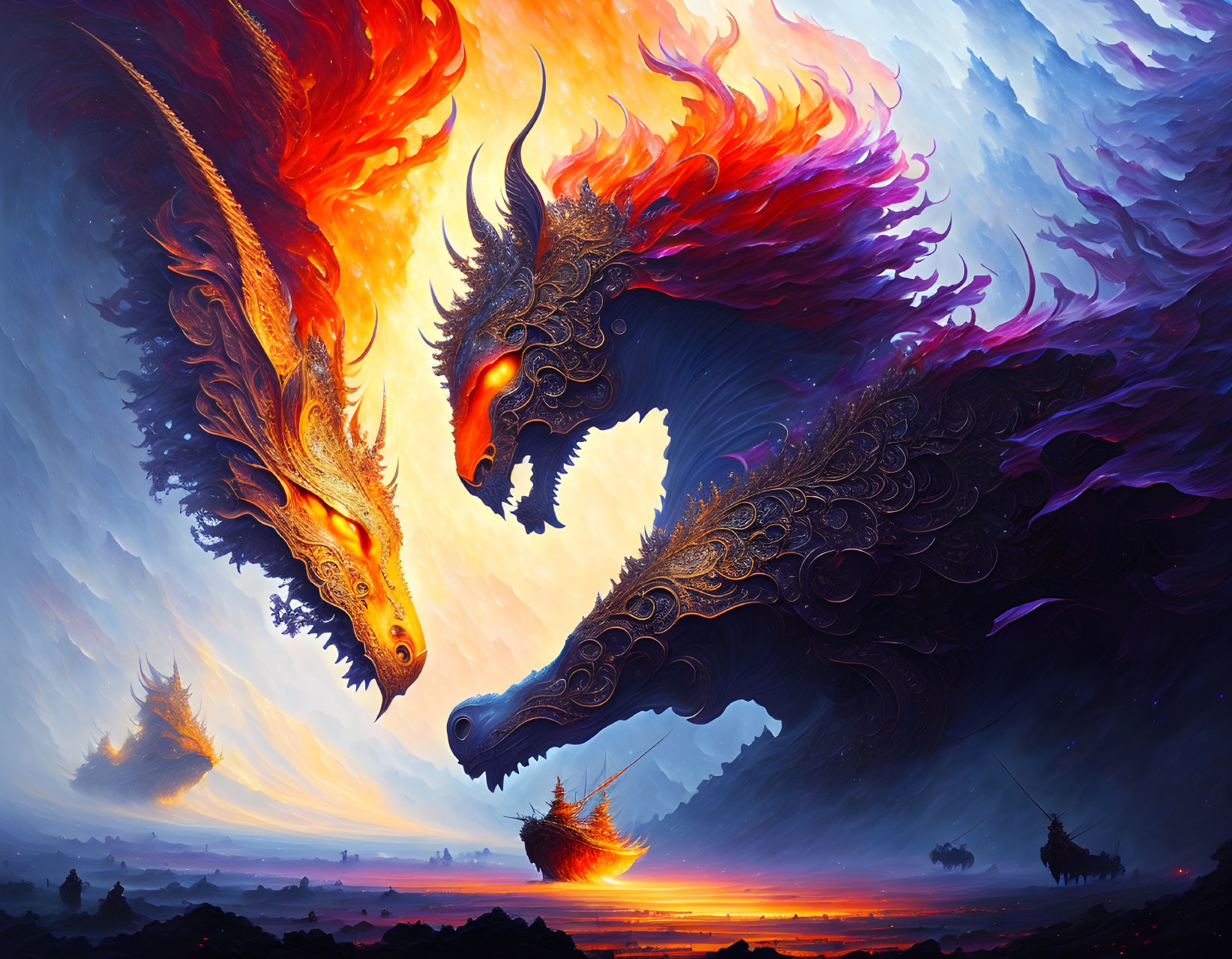 Fiery and Icy Dragons Clash Above Sunset Sea