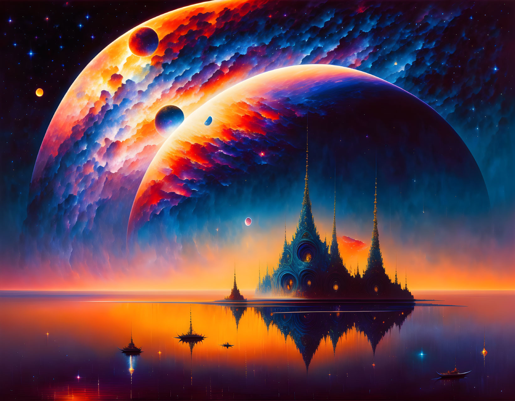 Sci-Fi landscape with castle, moons, planets, and starry sky reflection