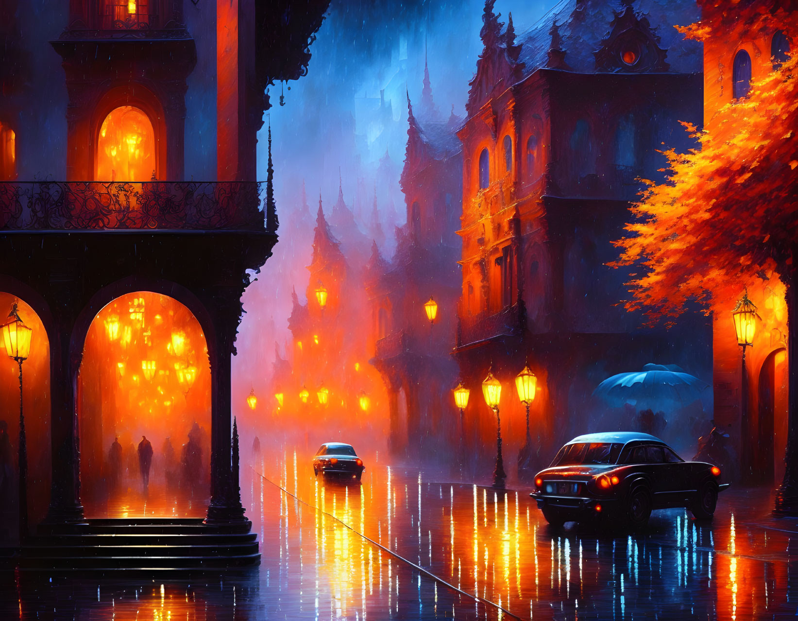 Night street scene: rain-soaked, vintage cars, colorful trees, glowing lamps, silhouet