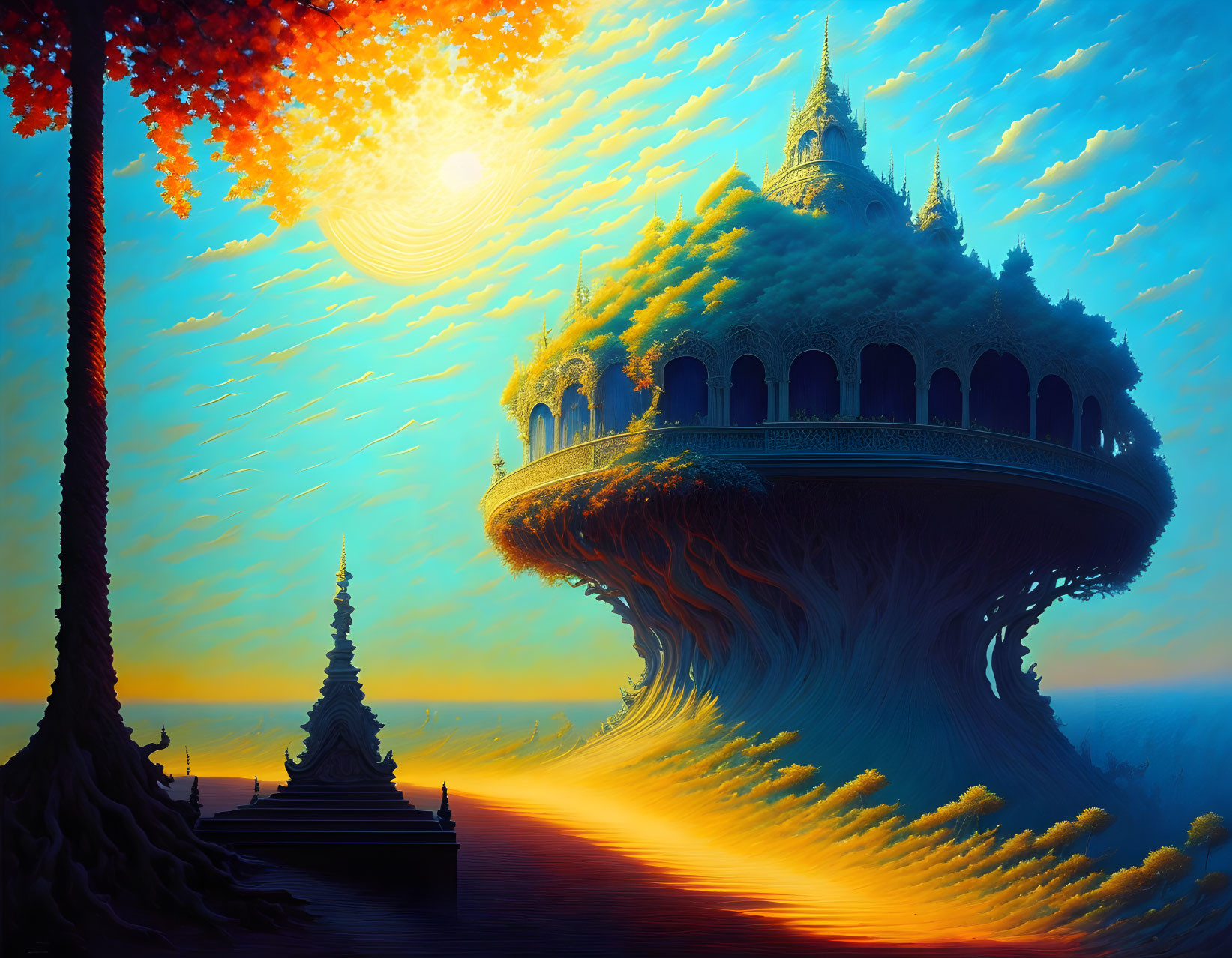 Floating temple amid trees under vibrant sunset sky