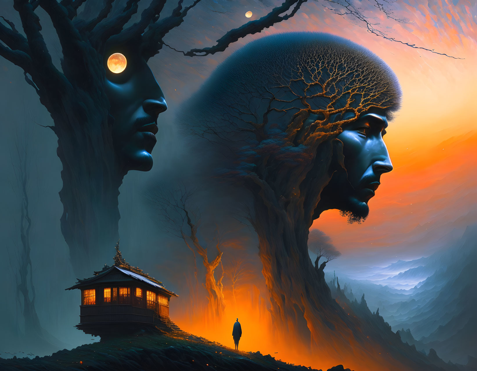 Surreal dusk landscape with giant faces, brain-shaped tree, temple, and lone figure