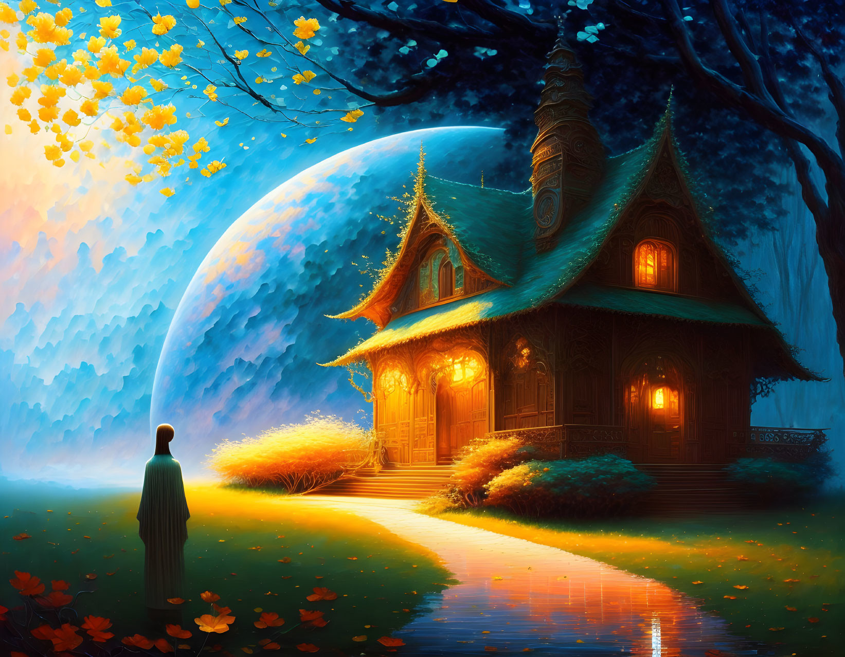 Person standing on path to enchanted cottage under large moon in mystical forest