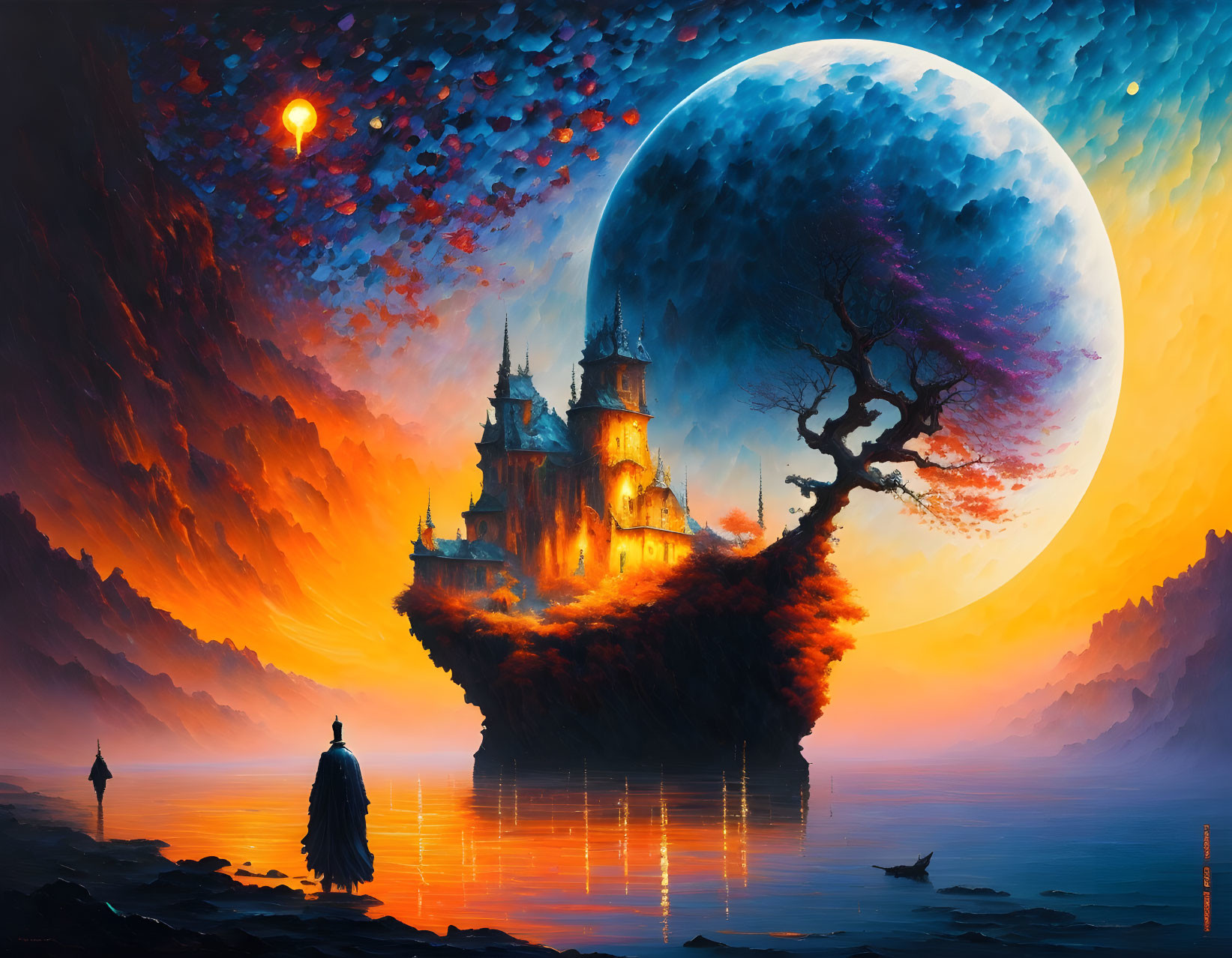 Surreal landscape with floating island castle, moon, figure, and vibrant sunset colors