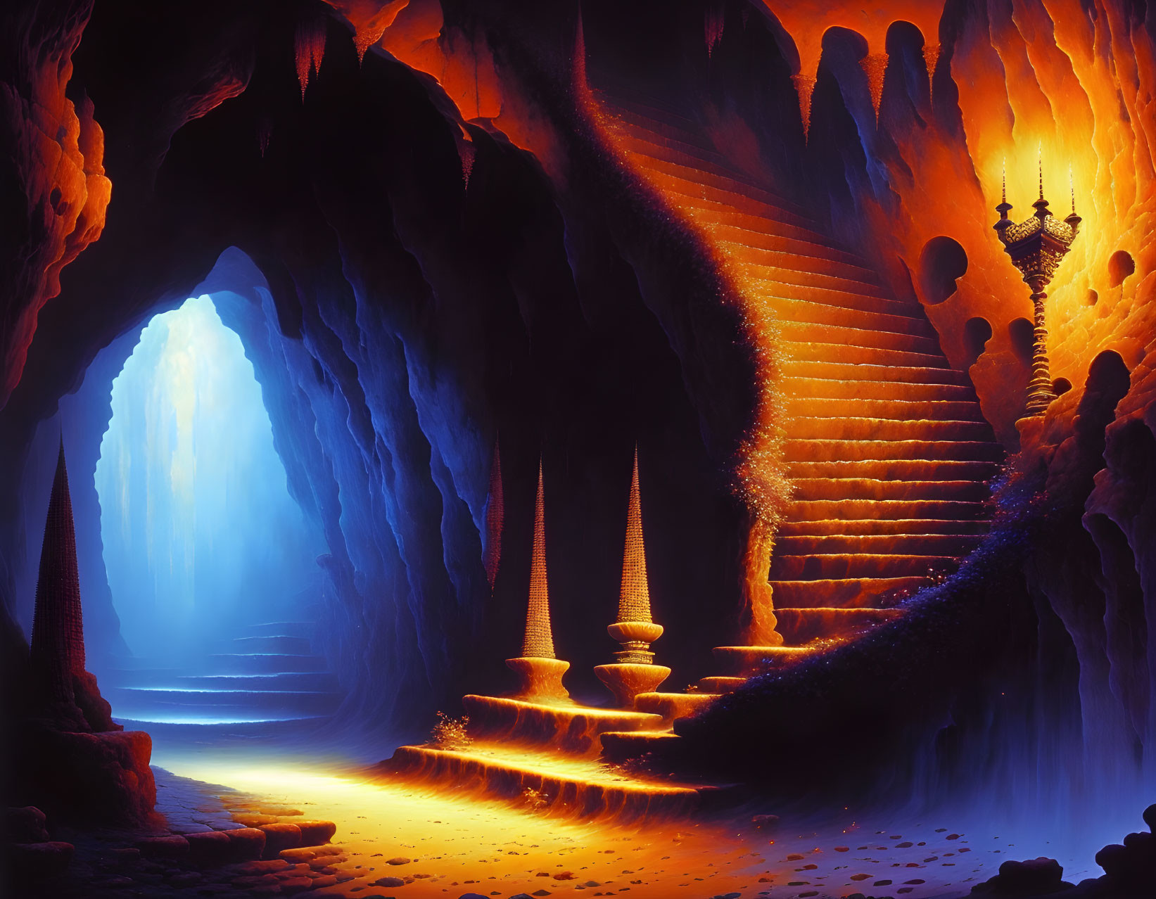 Fantastical cavern with grand staircase and blue portal