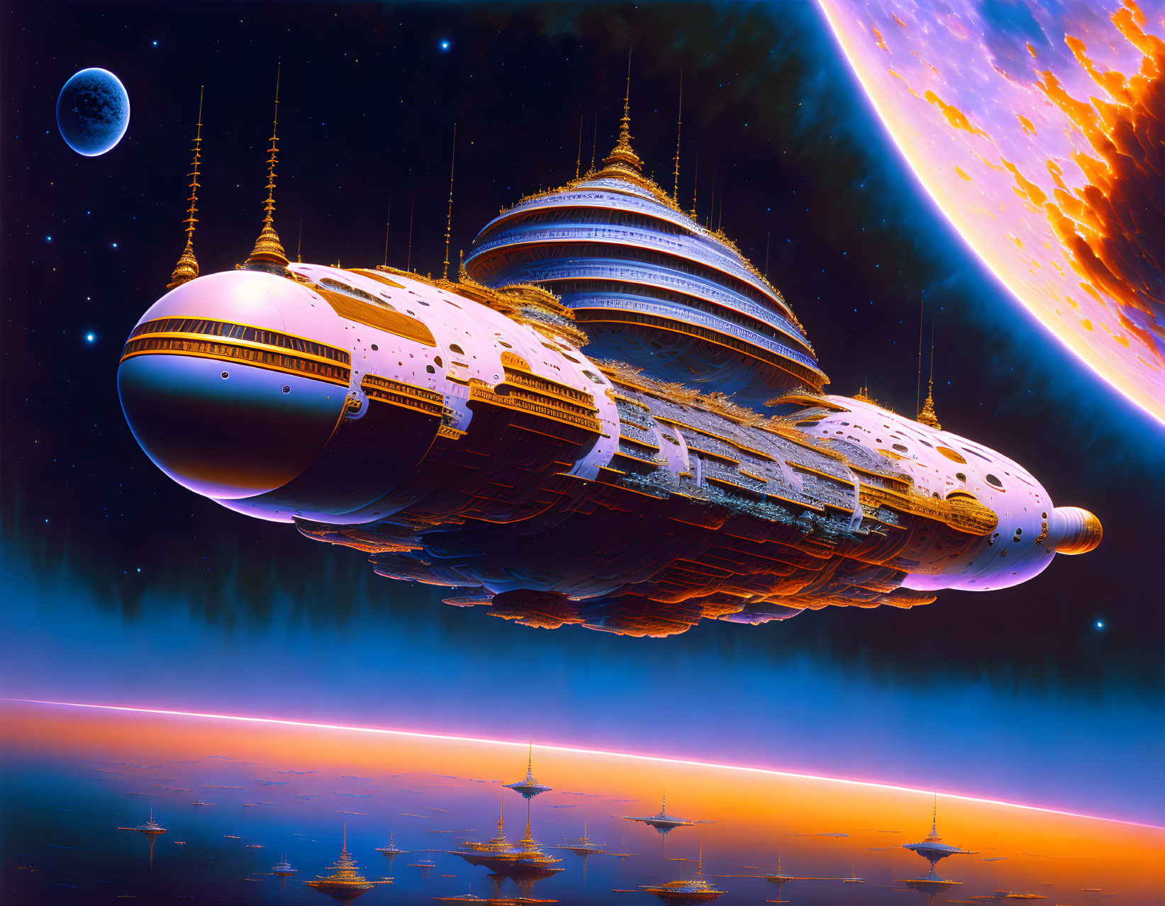 Futuristic spaceship with domed sections above alien planet's surface