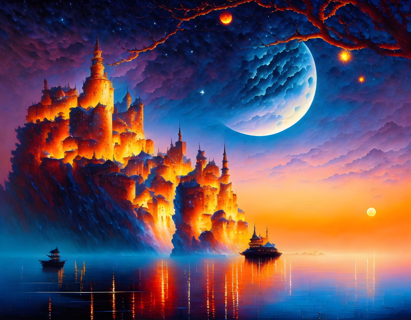 Fantasy artwork: Illuminated castle on cliff under crescent moon