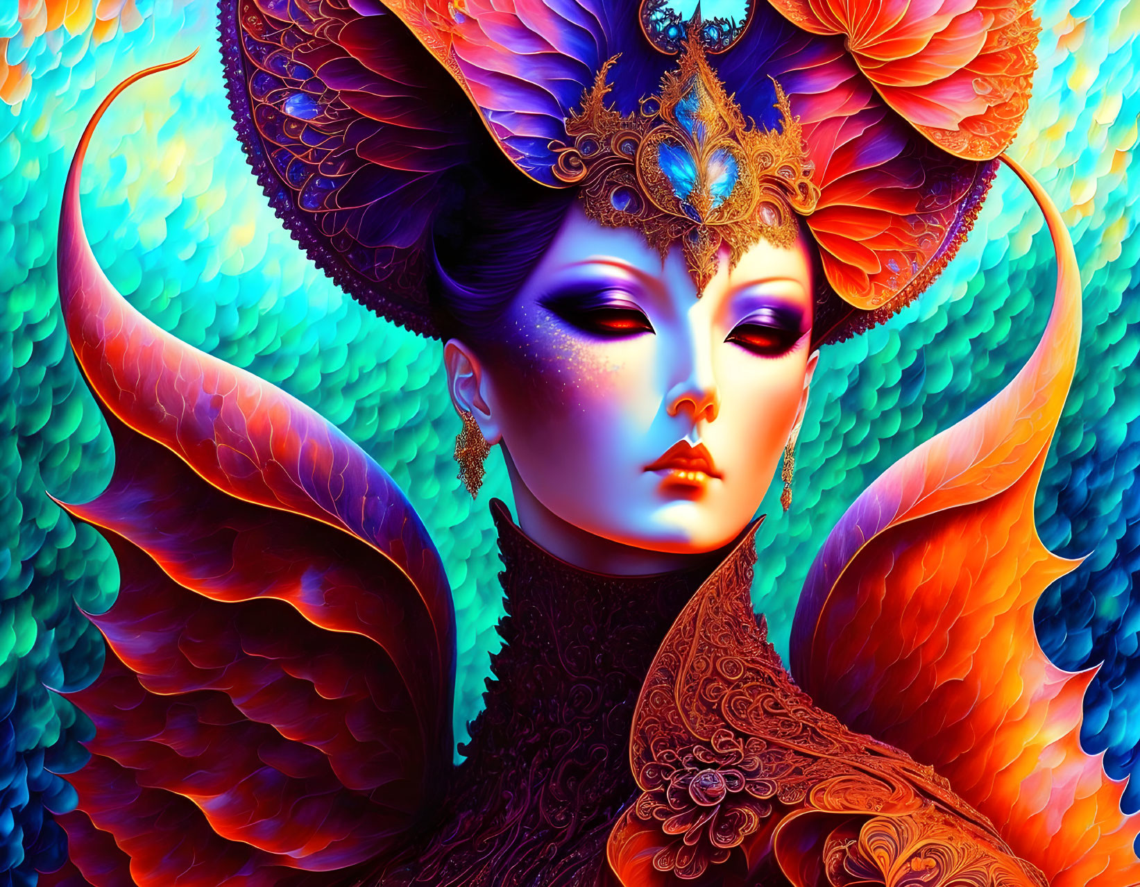 Colorful fantasy artwork: Enigmatic figure with orange and blue wings, ornate headpiece, and