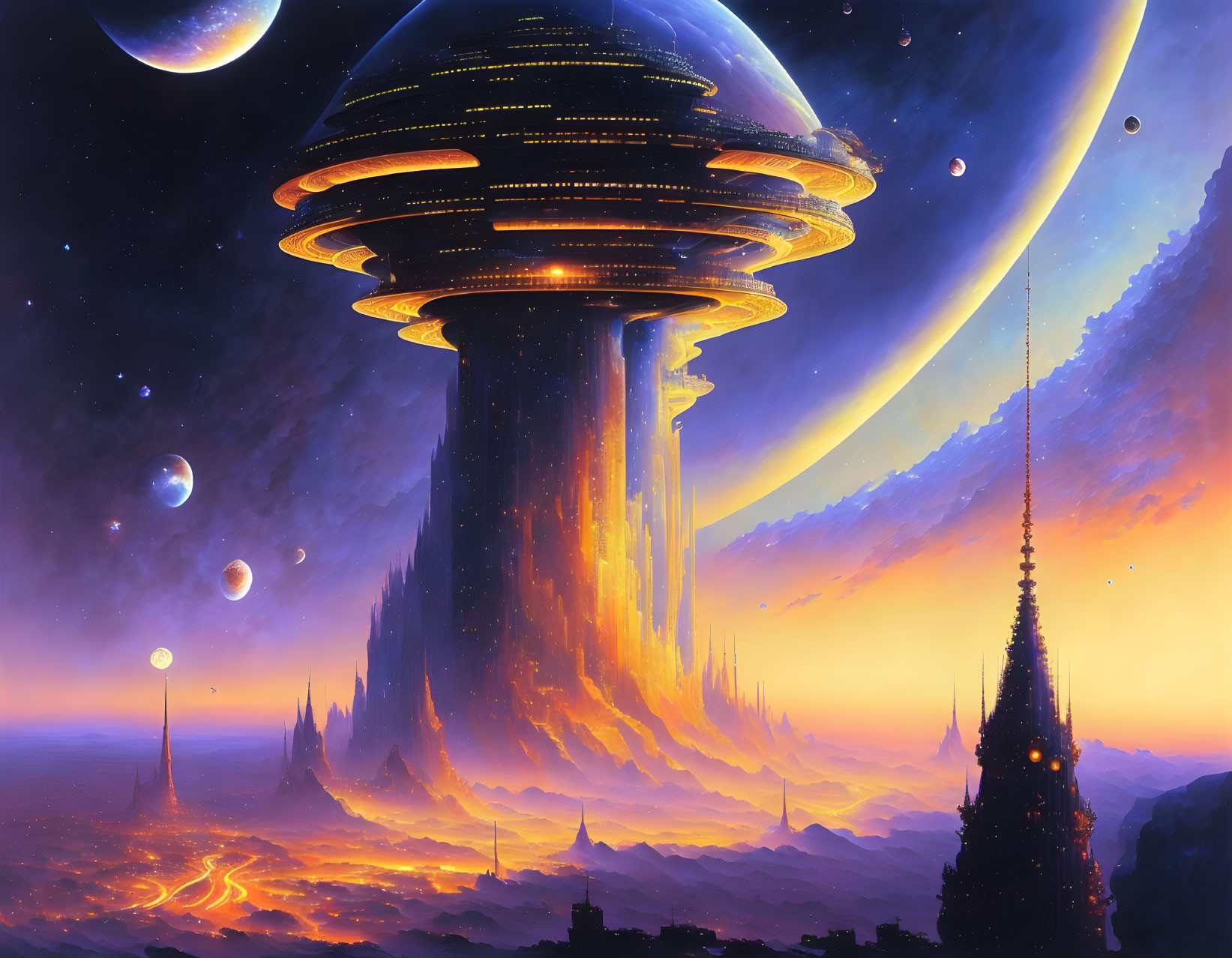 Sci-fi landscape with massive tower, planets, lava, and starry sky