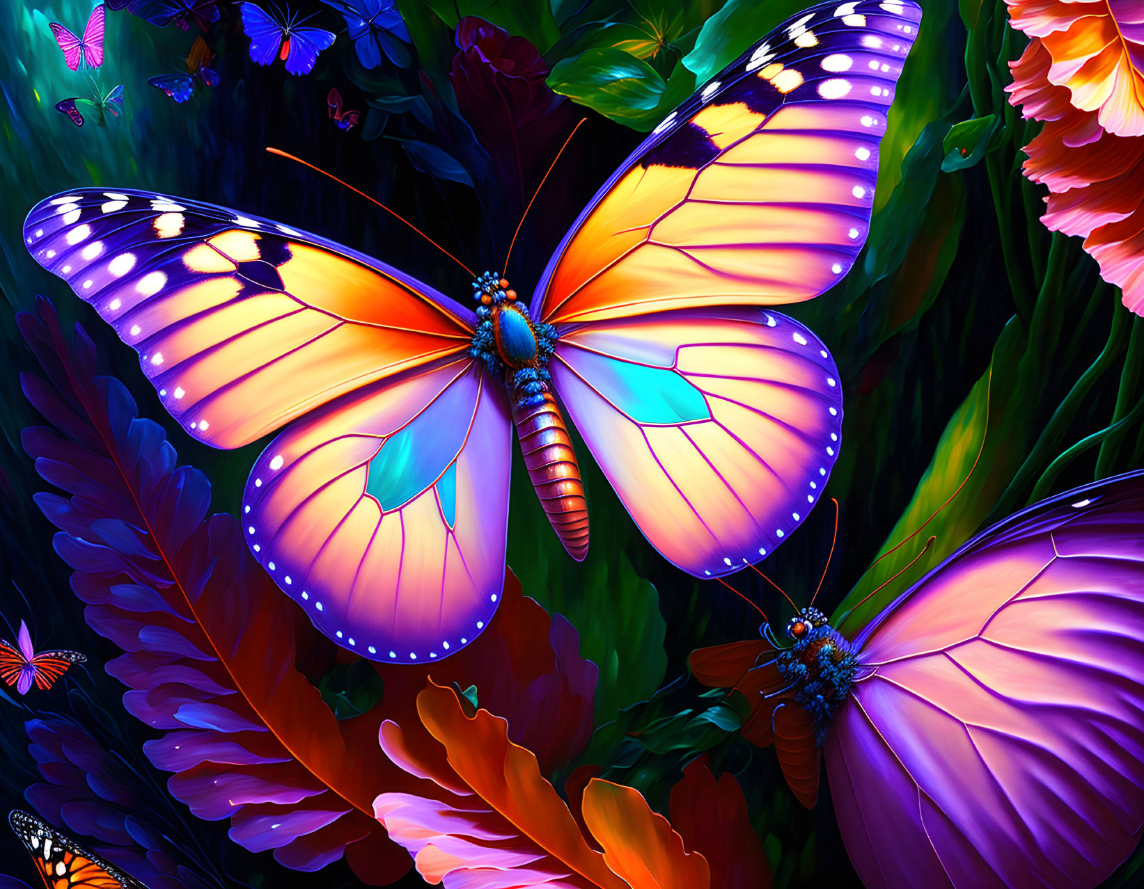 Colorful Digital Artwork: Oversized Butterflies & Exotic Flowers