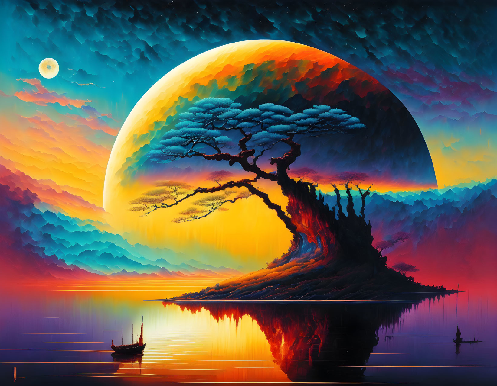 Colorful painting of solitary tree on hillock by water with moon, sky, and boat.