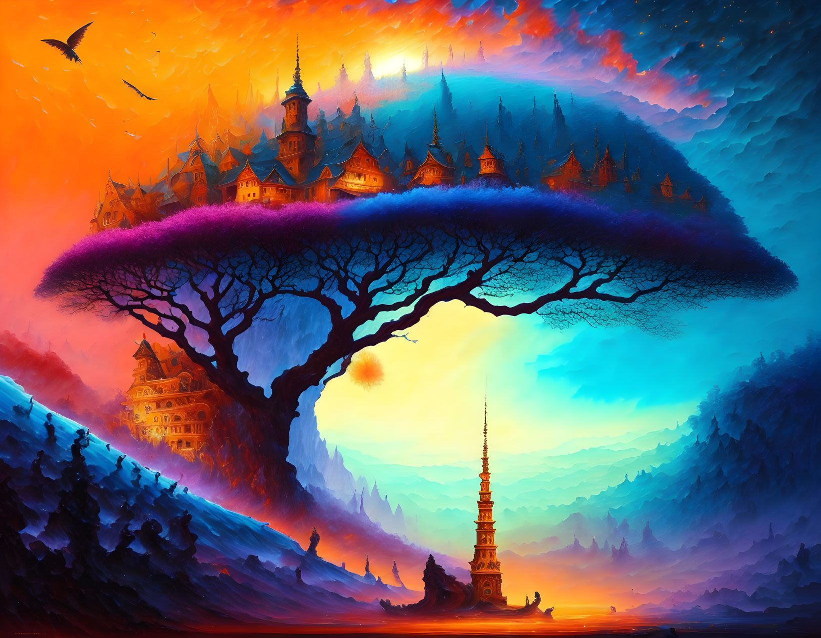 Colorful surreal landscape with massive tree and illuminated town mirroring canopy.