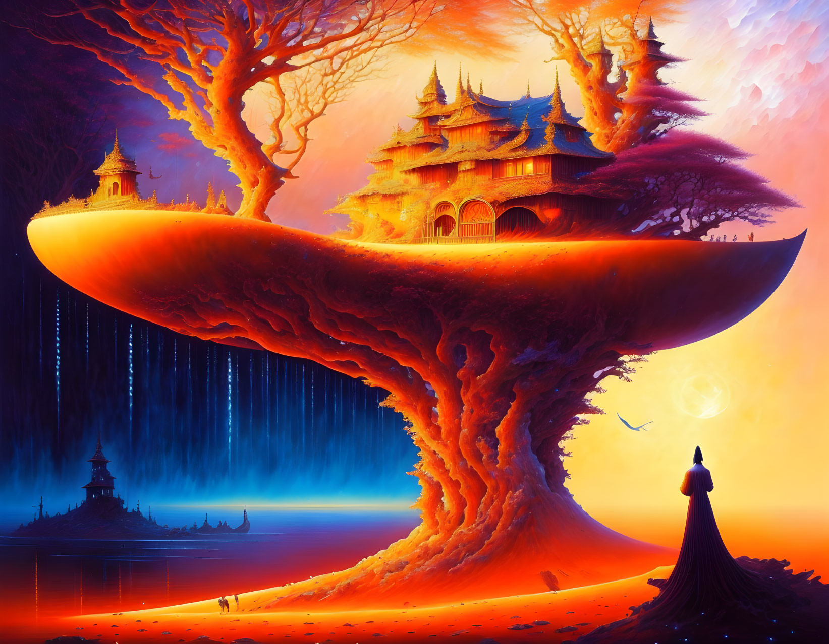 Surreal landscape with colossal tree-like structure and temples under blue sky