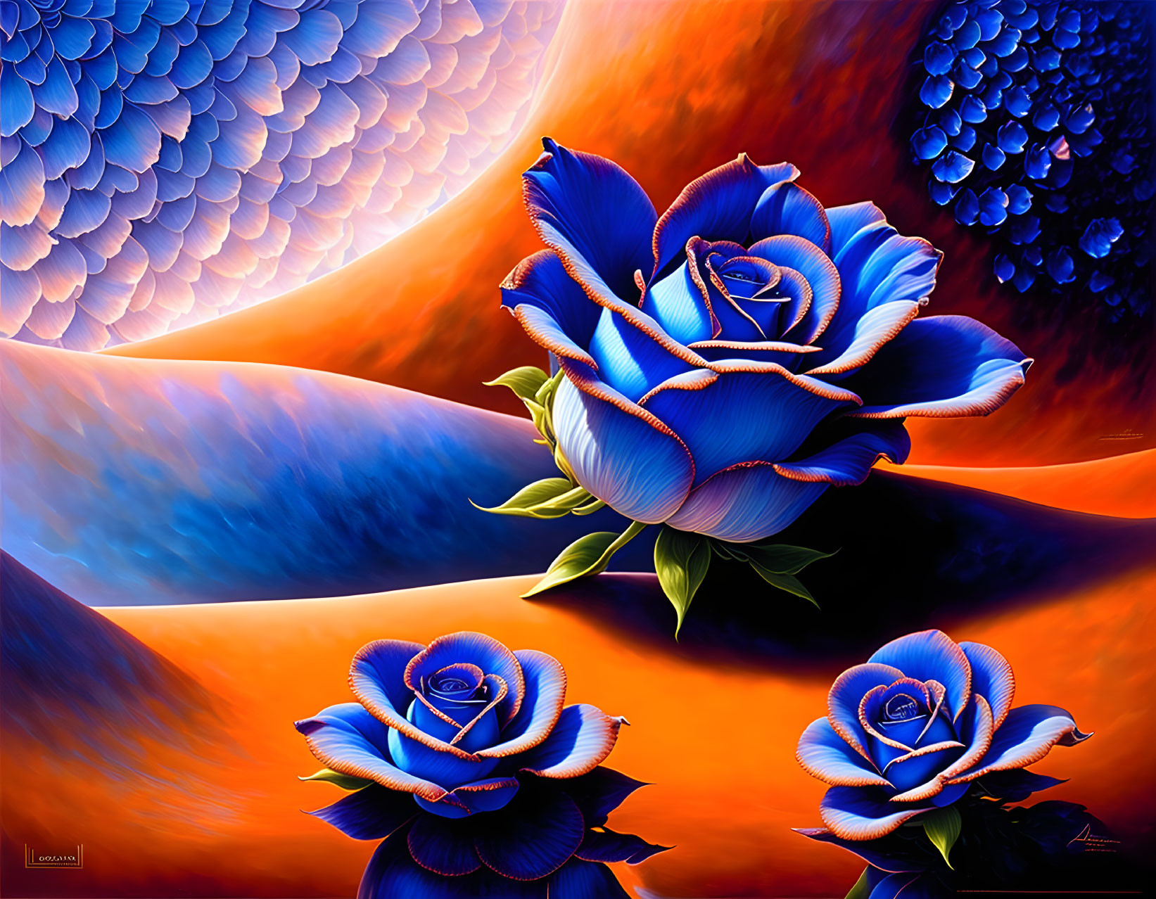 Colorful Digital Art: Blue Roses on Abstract Orange and Blue Background