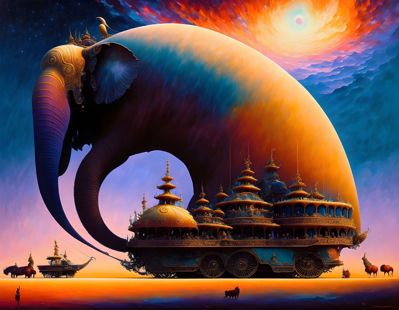 Giant elephant with architecture on its back in surreal digital painting