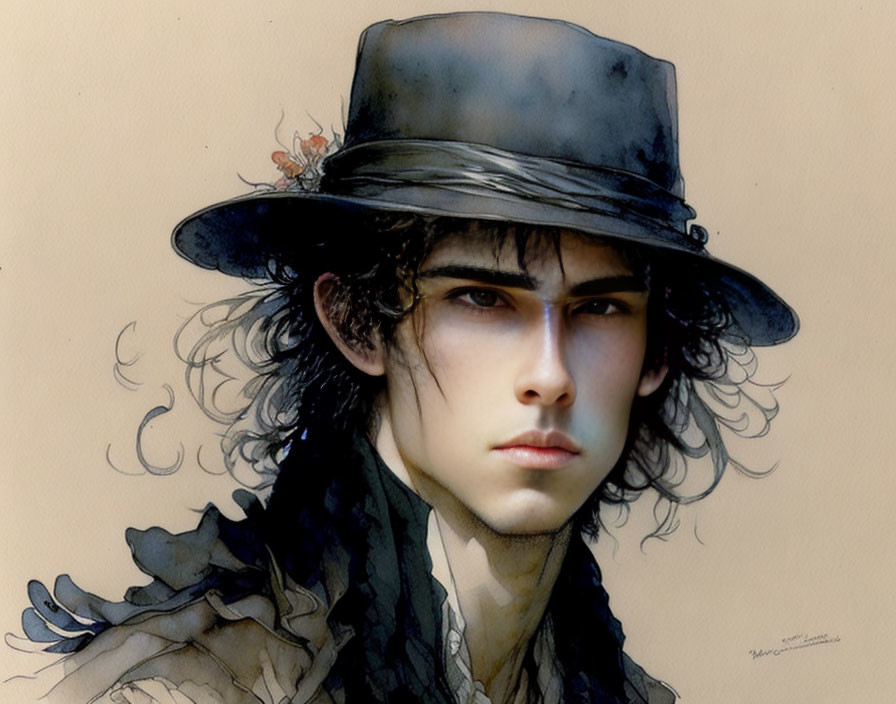 Intense gaze portrait of young person with wavy hair in flower-adorned black top hat