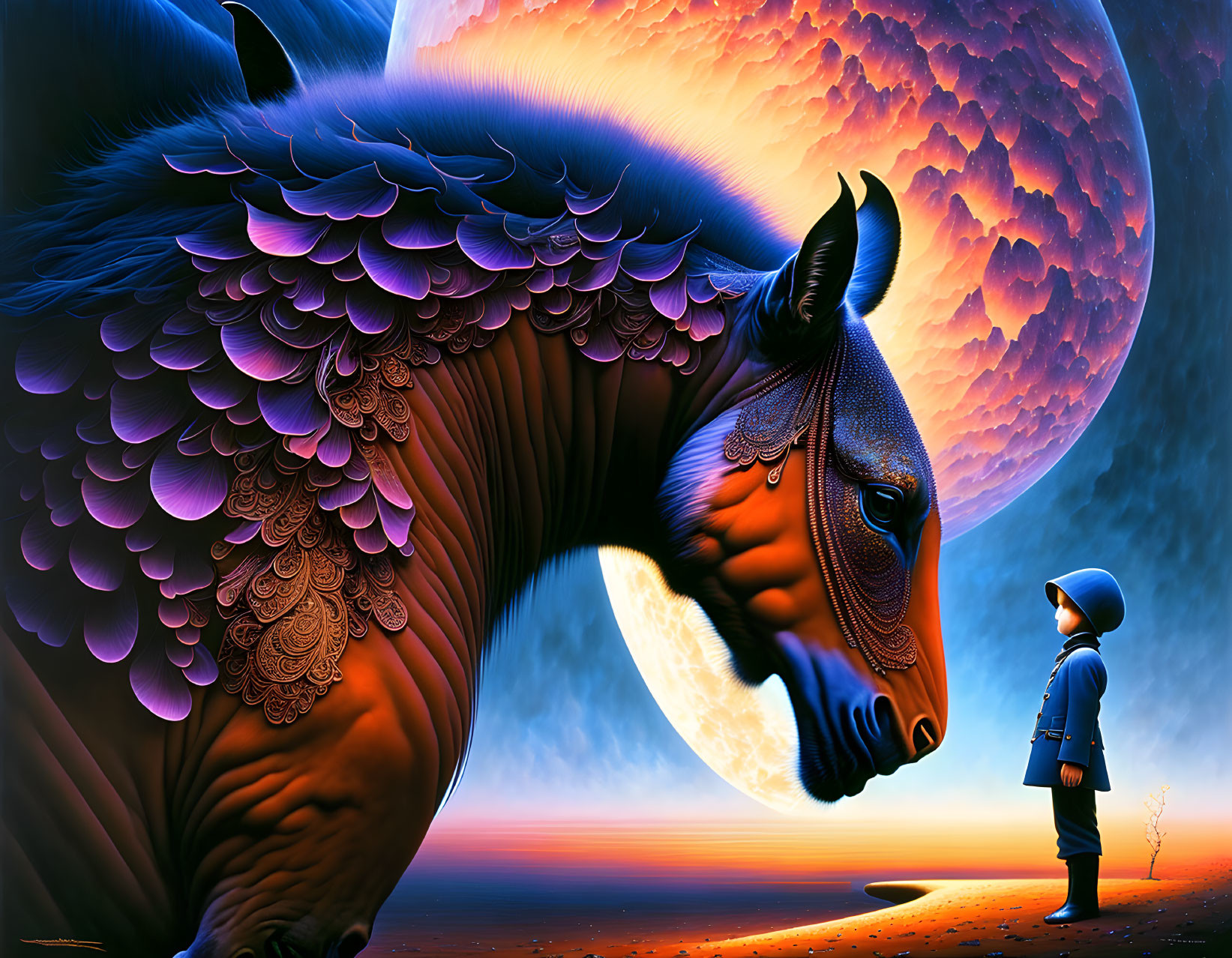 Digital artwork: Majestic horse with feathered wings, small human figure, moon & sunset sky