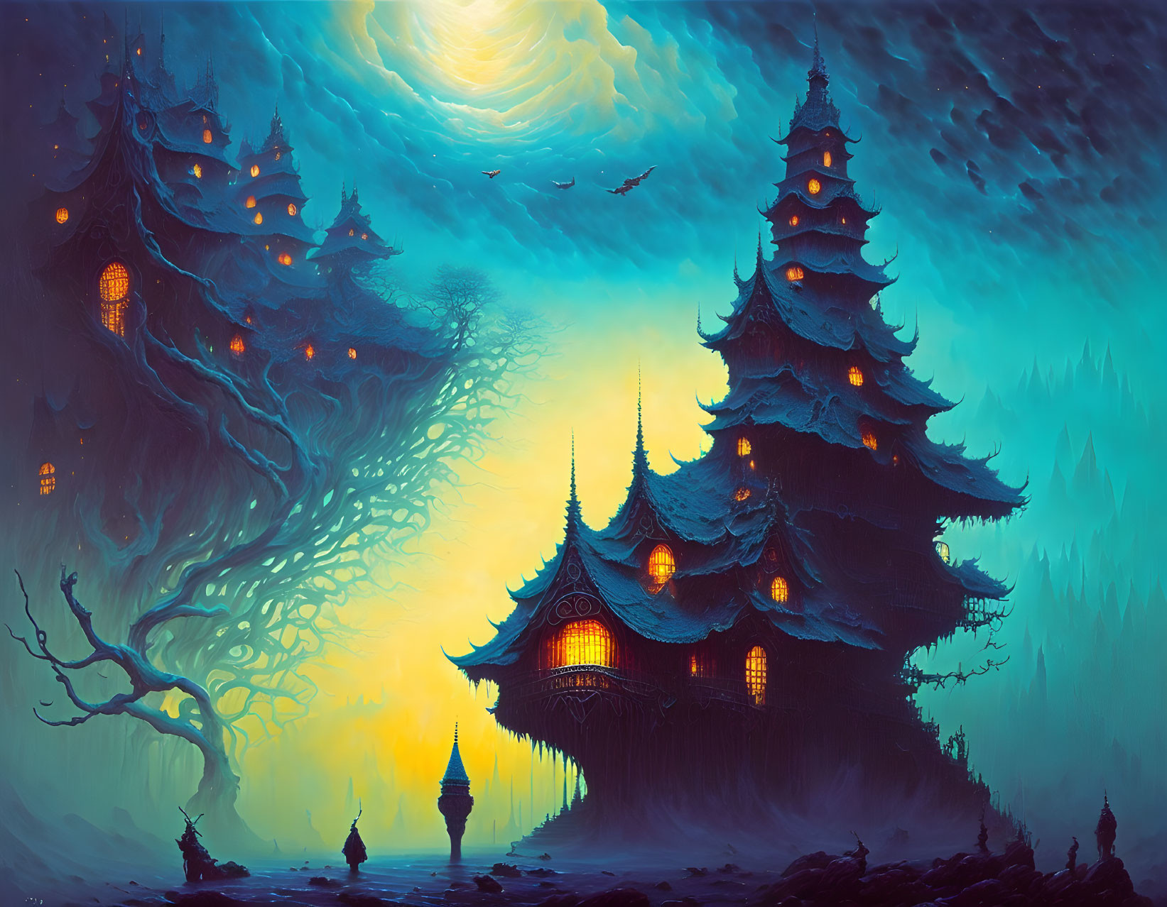 Mystical Asian-style pagodas in a vibrant forest setting