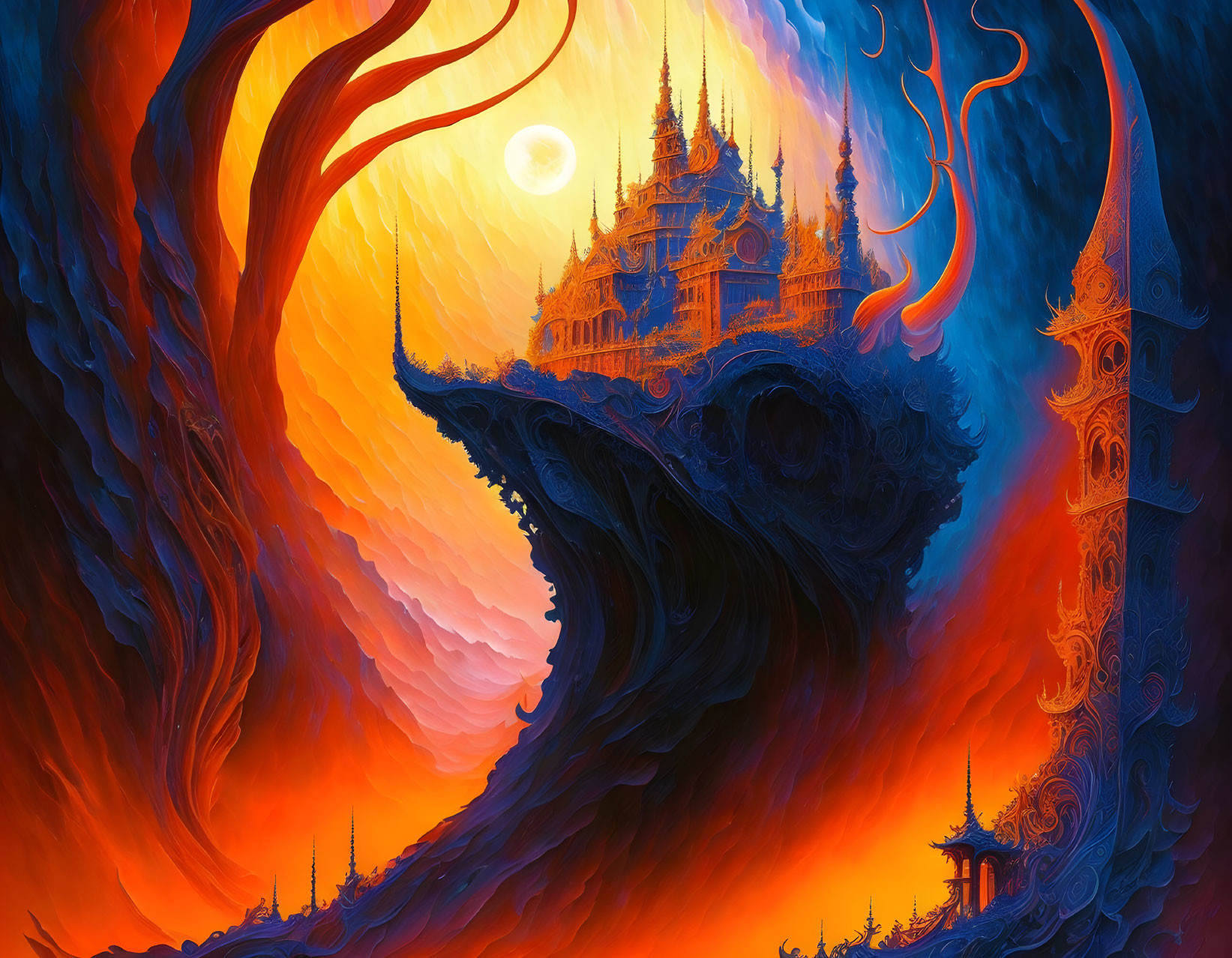 Vibrant Orange and Blue Fantasy Landscape with Golden Castle