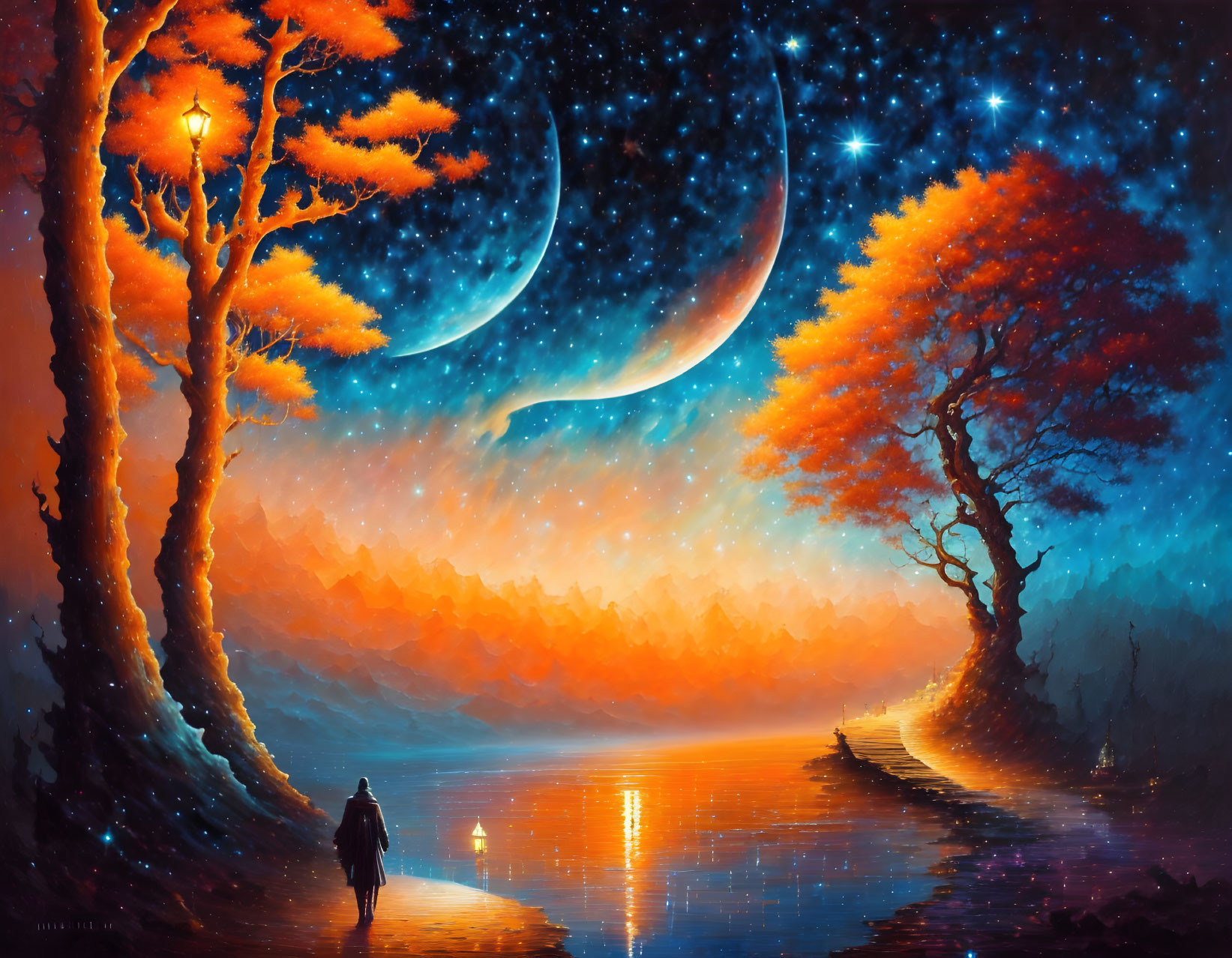 Person walking by tranquil lake under starry sky with crescent moon and orange-leaved trees.