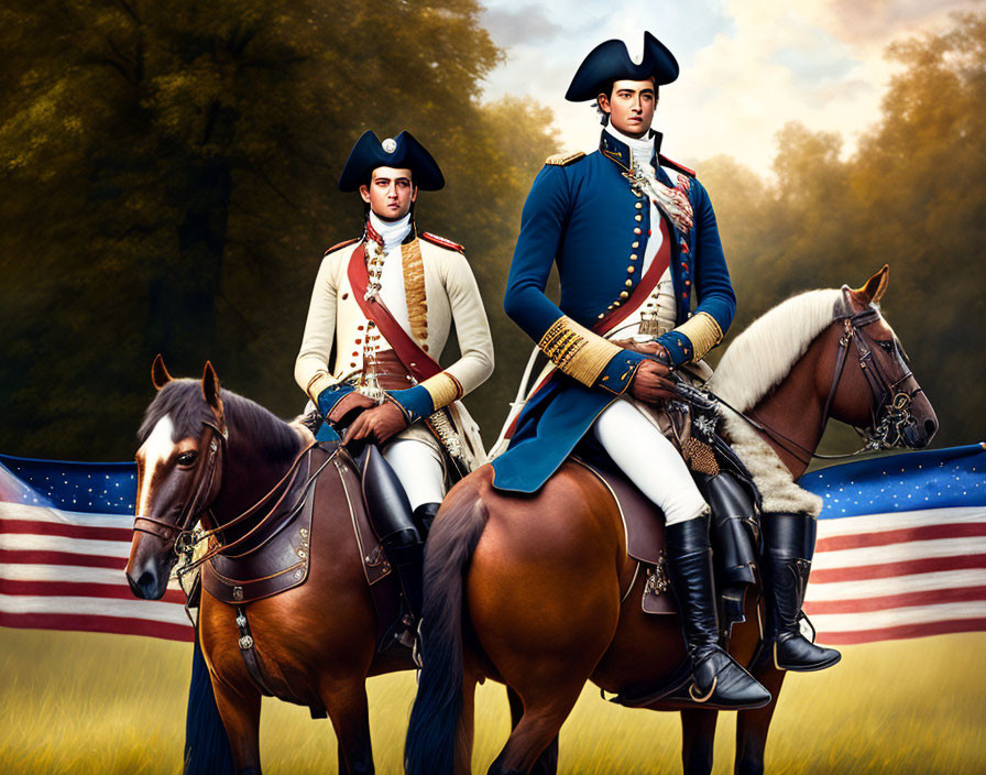 Two men in historical military uniforms on horseback with American flag backdrop