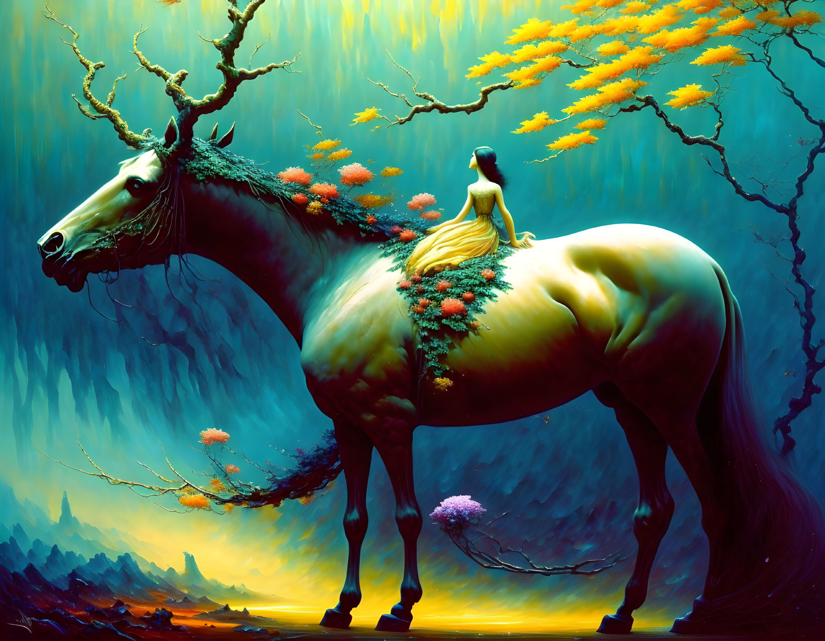 Woman in Yellow Dress on Majstic Horse in Surreal Autumn Landscape