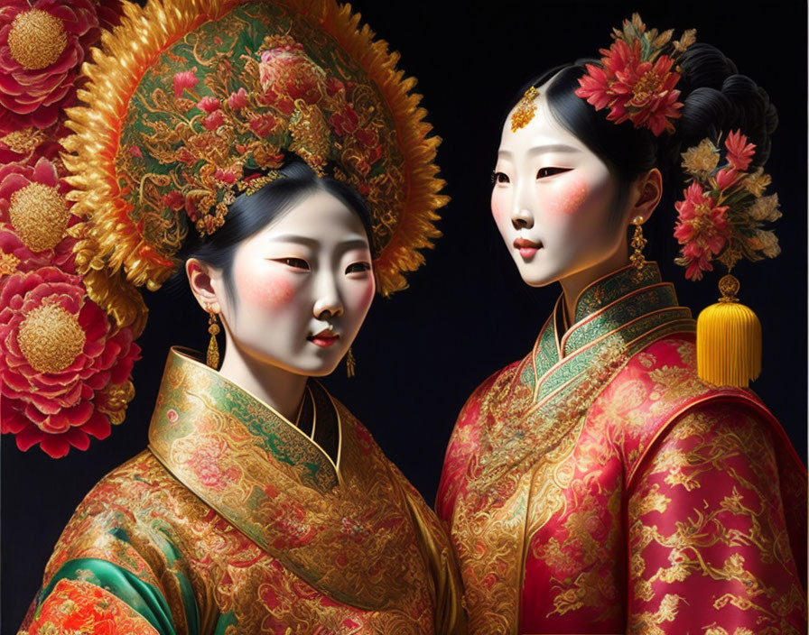 Traditional Asian Attire: Two Individuals with Elaborate Hairstyles