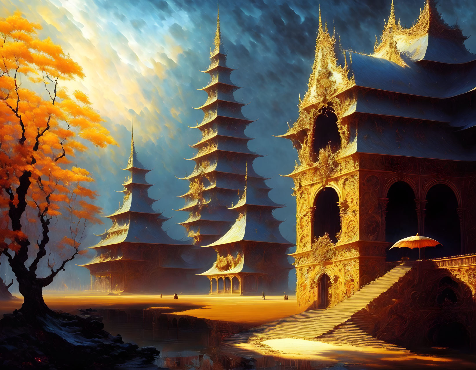 Majestic golden pagodas in serene fantasy landscape