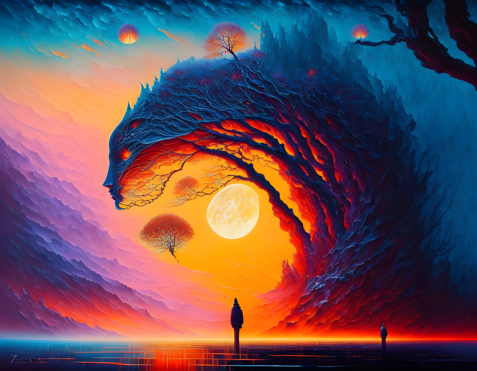 Surreal landscape with wave-like tree formation, vibrant sunset, full moon, and figures by water