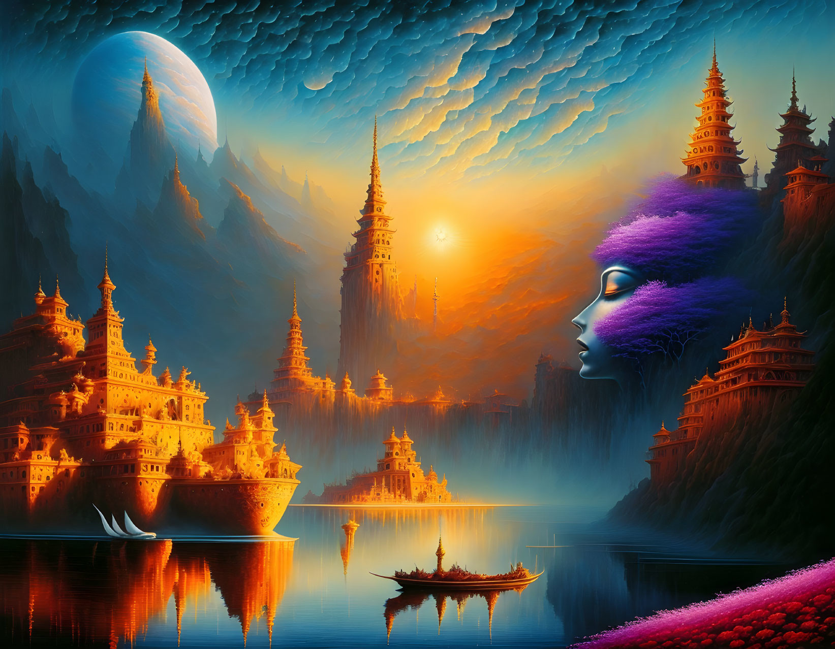 Fantasy landscape with Asian-style buildings, boat, mountains, giant moon, and woman's face with