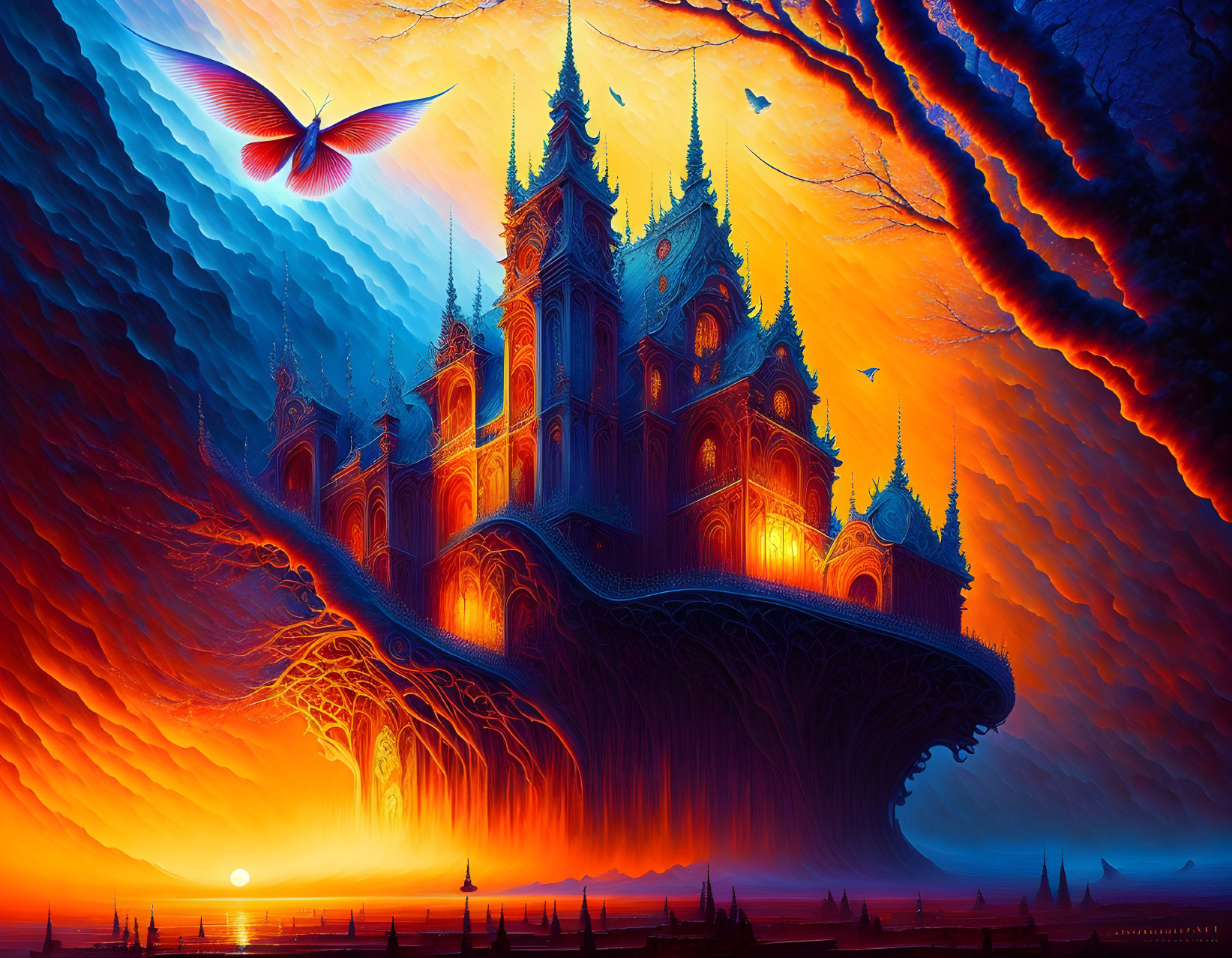 Fantasy landscape with floating gothic castle, sunset, and hummingbird