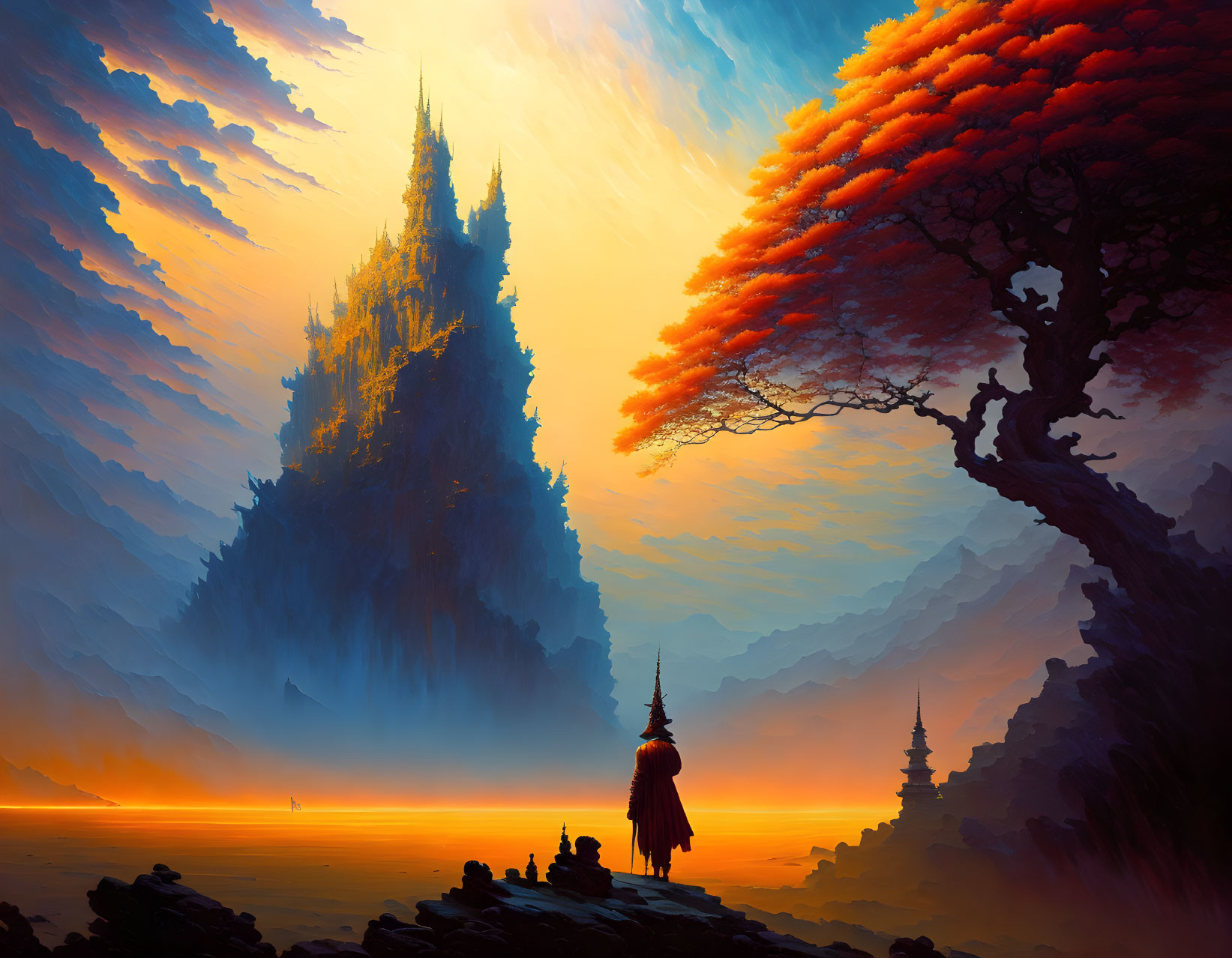 Vibrant sunset with surreal landscape and travelers.