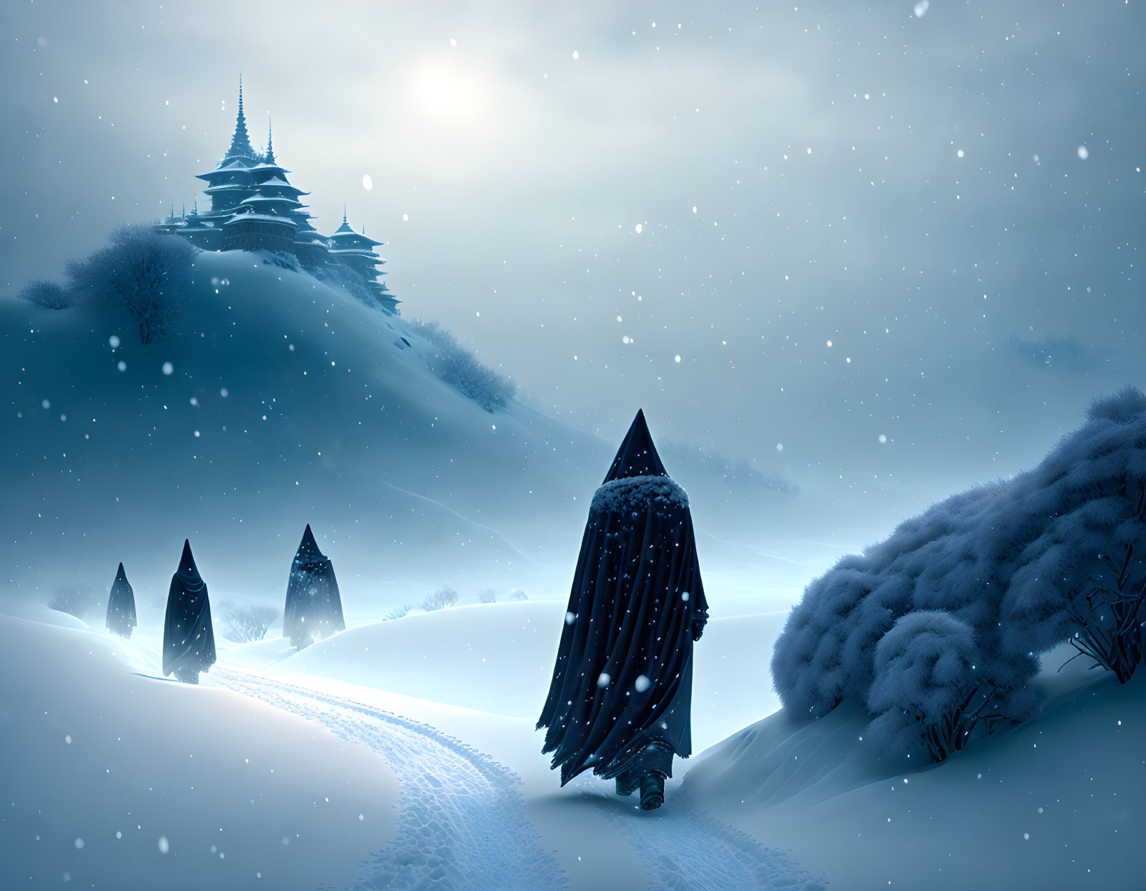 Cloaked figure walking towards distant pagoda in snow-covered landscape