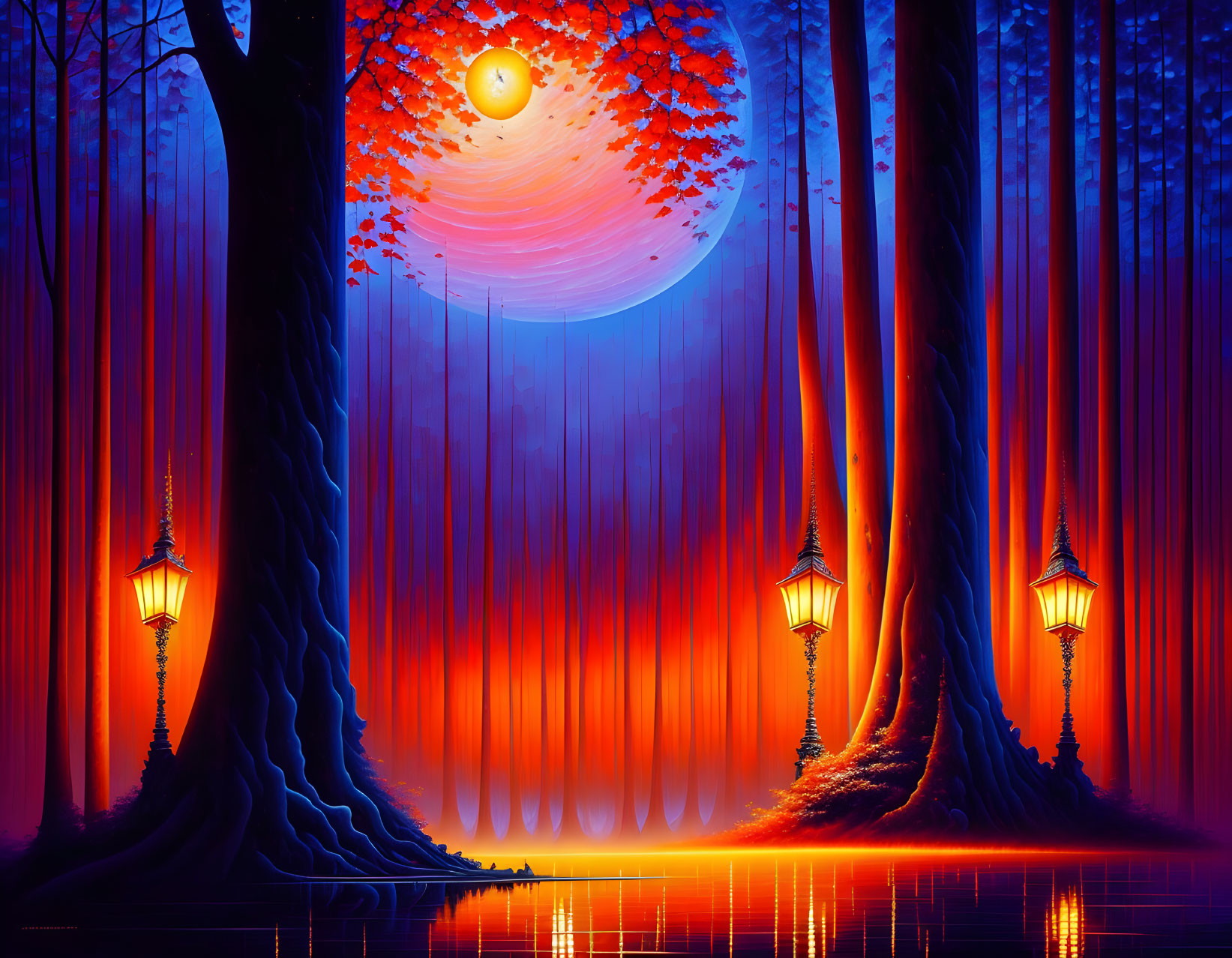 Mystical forest digital artwork with glowing lanterns and moon