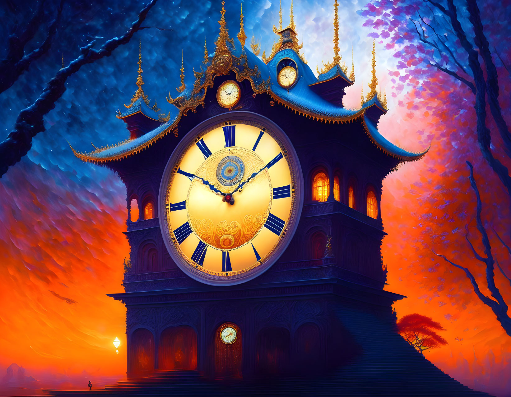 Traditional clock tower against vibrant sunset sky with silhouetted trees