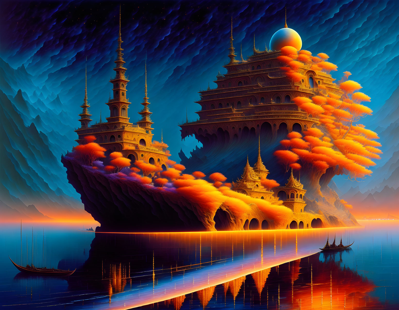 Ornate fantasy island landscape with towering structures, fiery clouds, reflective water, boats, and dusk