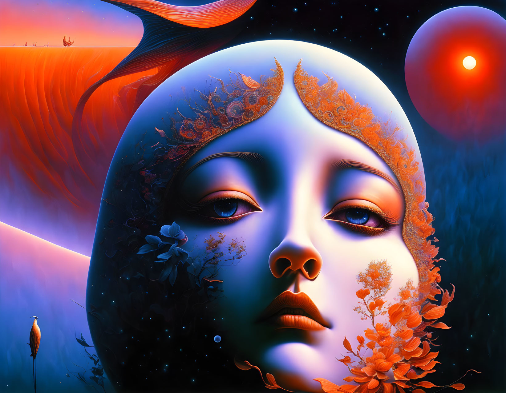 Surrealist woman's face with orange and blue nature elements