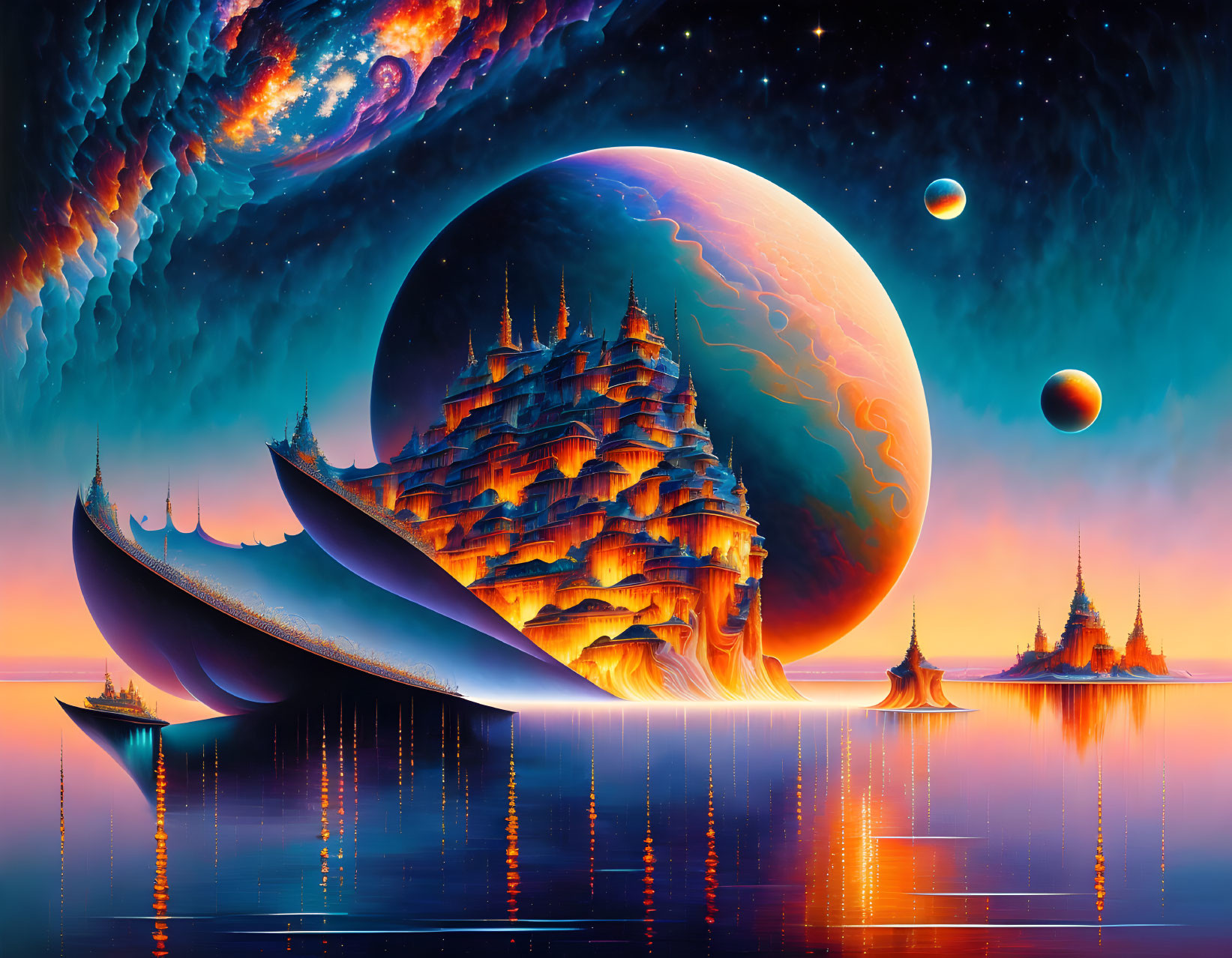 Colorful fantasy landscape with palace, celestial bodies, and traditional boats.