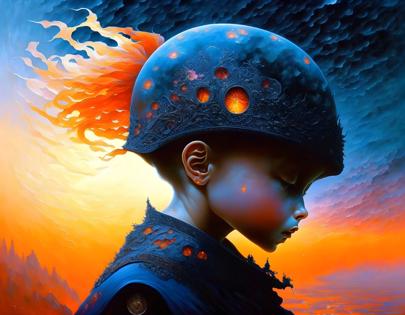 Child with cosmic helmet in surreal landscape on vibrant backdrop