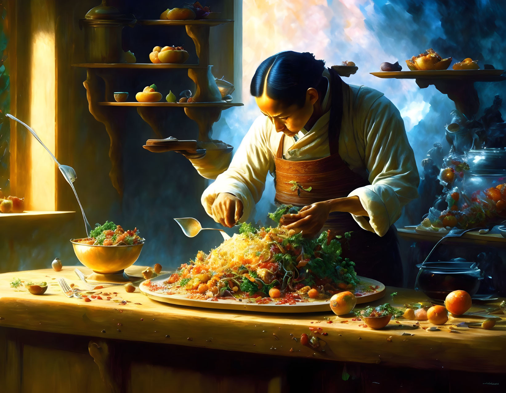 Focused person chopping vegetables in warm-lit kitchen scene.