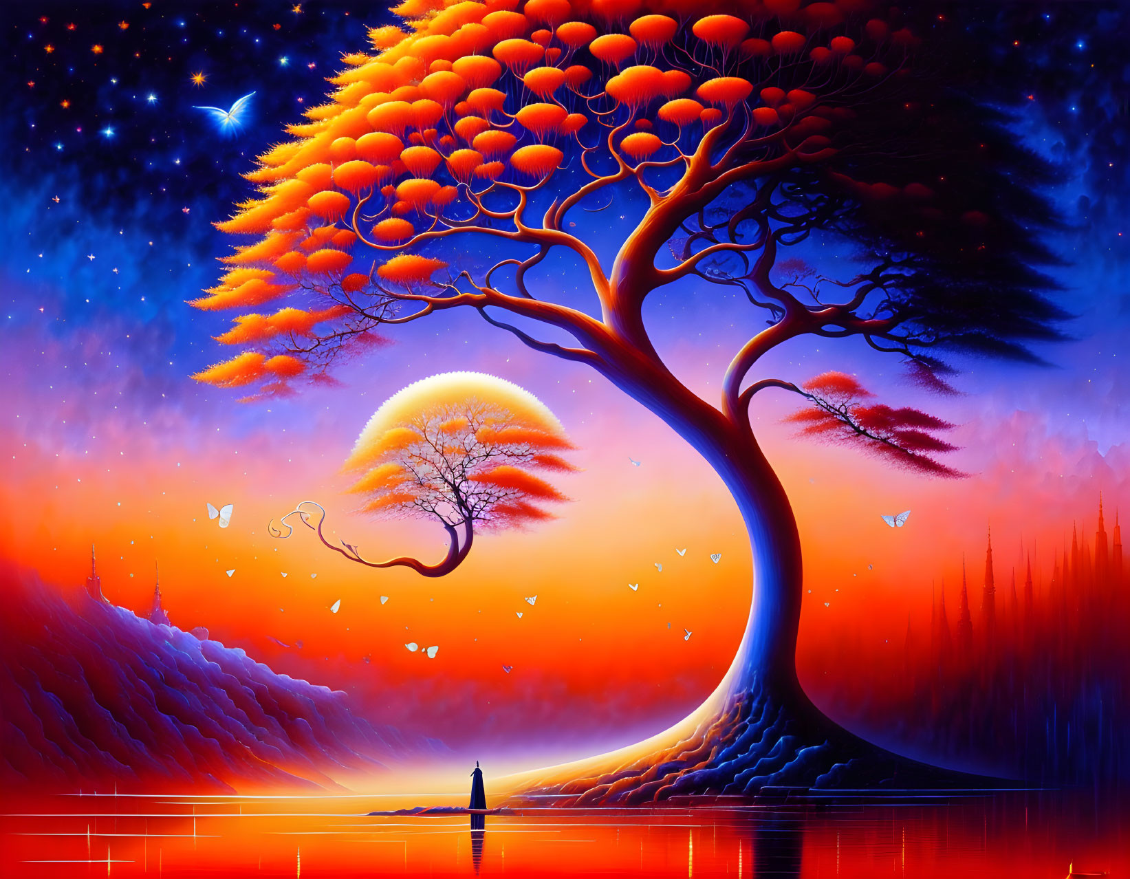 Fantasy landscape with oversized glowing tree, red lake, and sunlit tree.