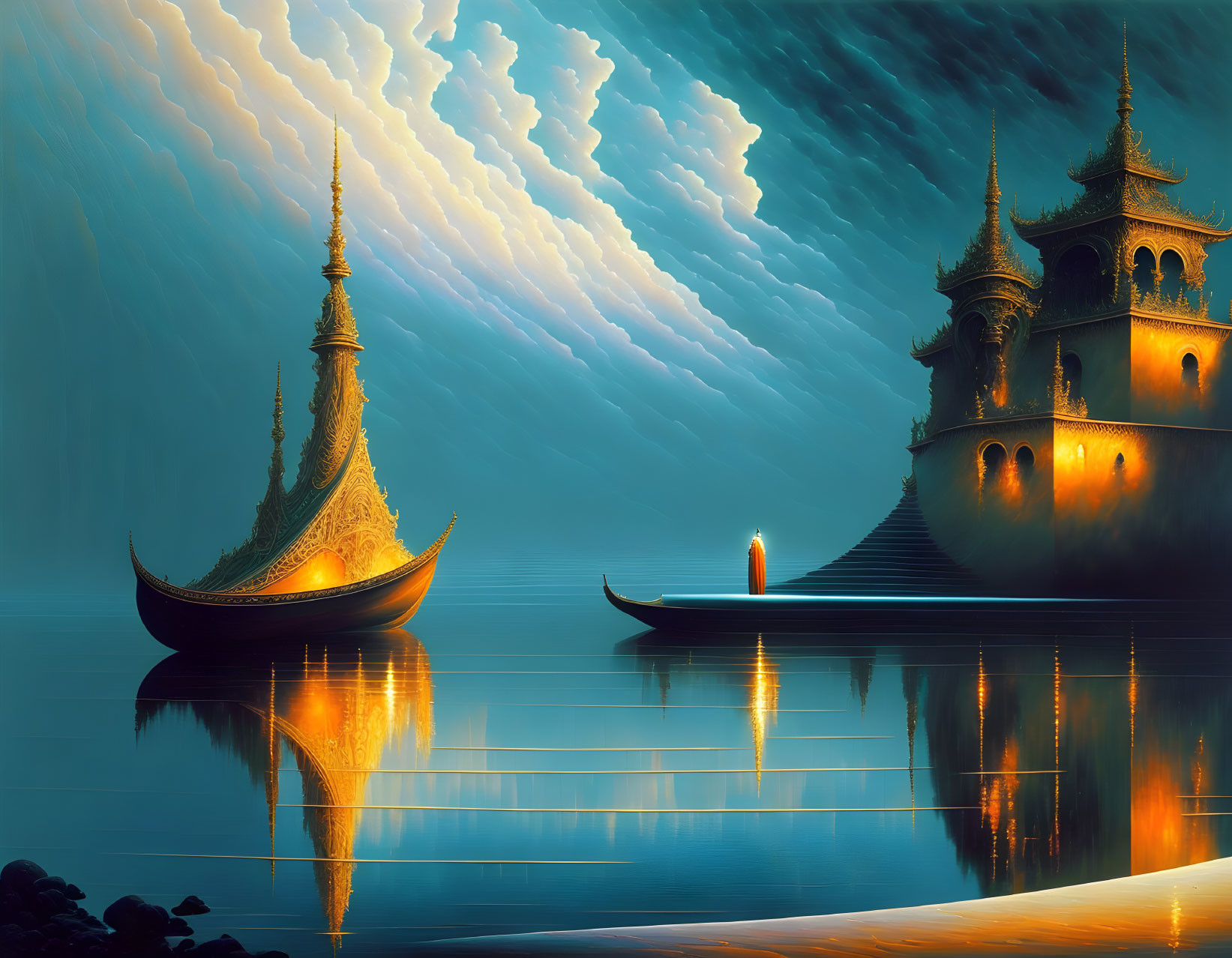 Golden boat and pagoda reflected in calm water under dramatic sky