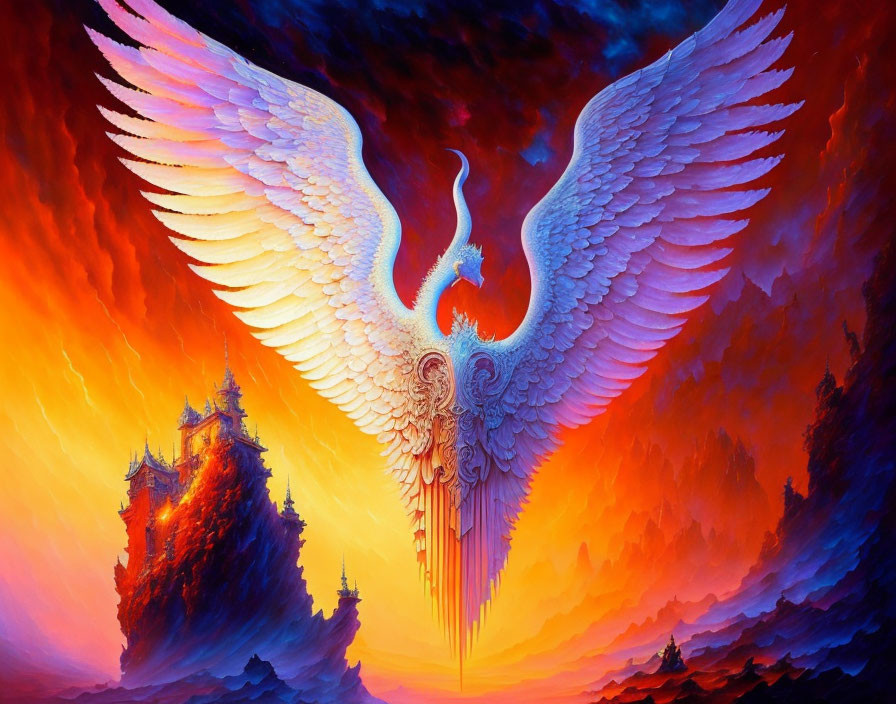 Phoenix with Spread Wings Against Vibrant Red and Orange Background