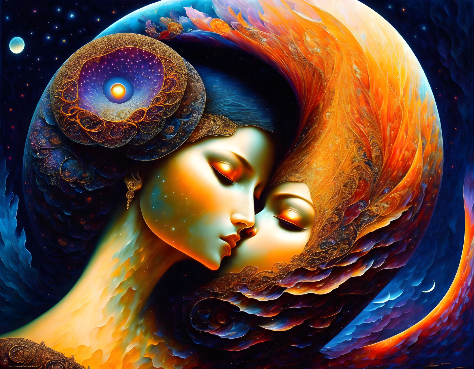 Surreal artwork: Two faces with cosmic and fiery motifs